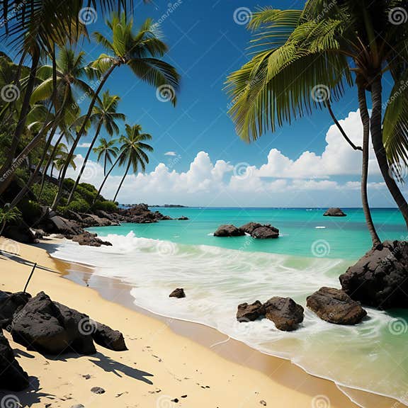 Tropical Beach with Palm Trees and Rocks. Seascape Stock Image - Image ...