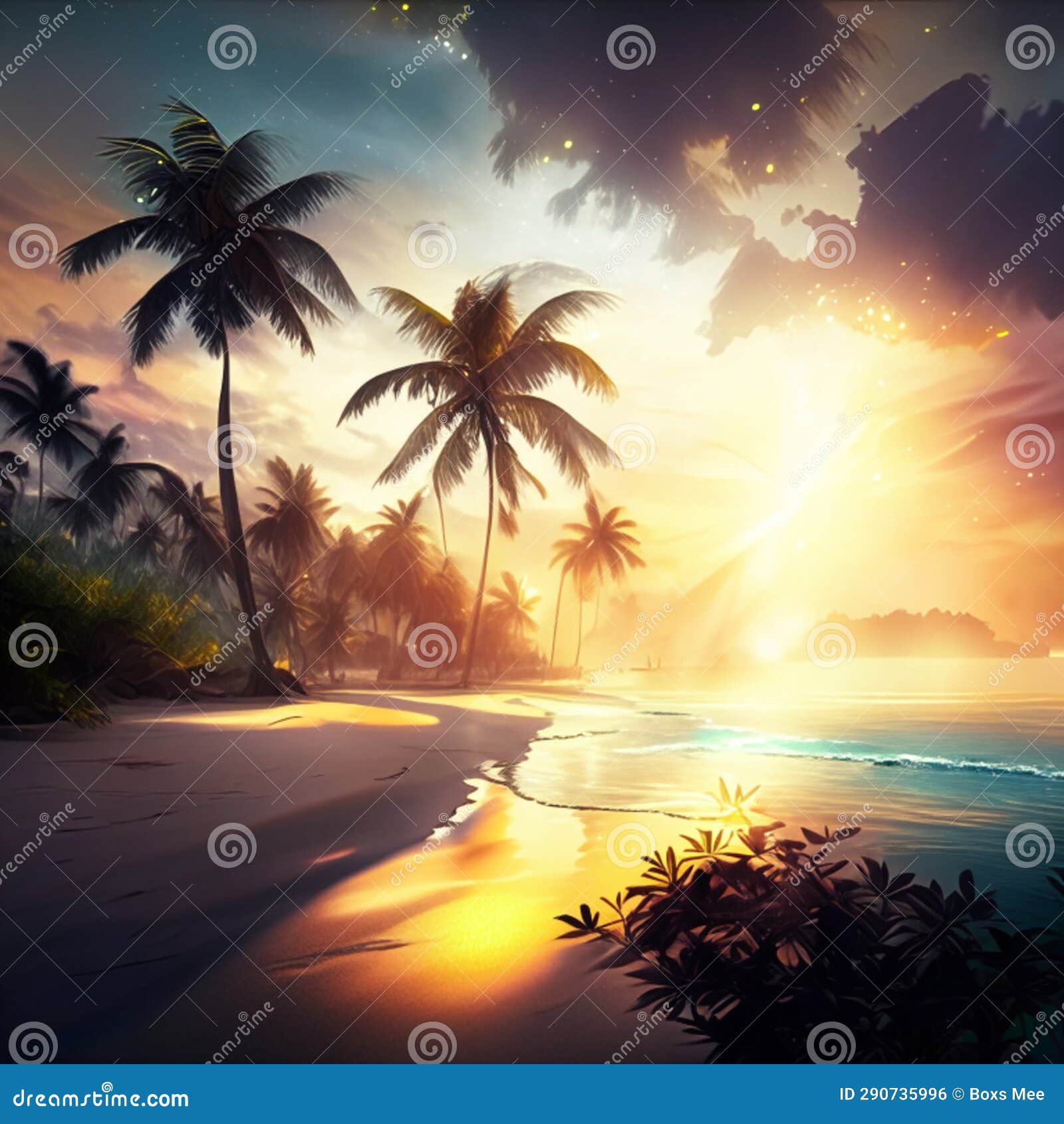 Tropical Beach With Palm Trees At Sunset 3d Render Generative Ai Stock Tropical Beach With Palm Trees At Sunset 3d Render Generative Ai Stock