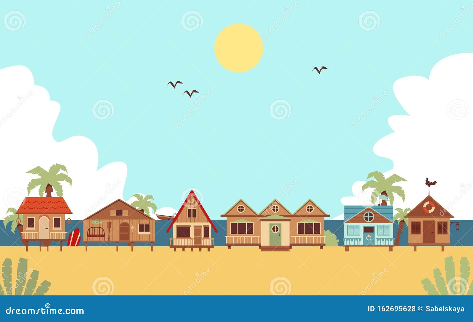 Tropical Beach with Resort Houses or Bungalows Flat Vector Illustration.  Stock Vector - Illustration of exterior, resort: 162695628