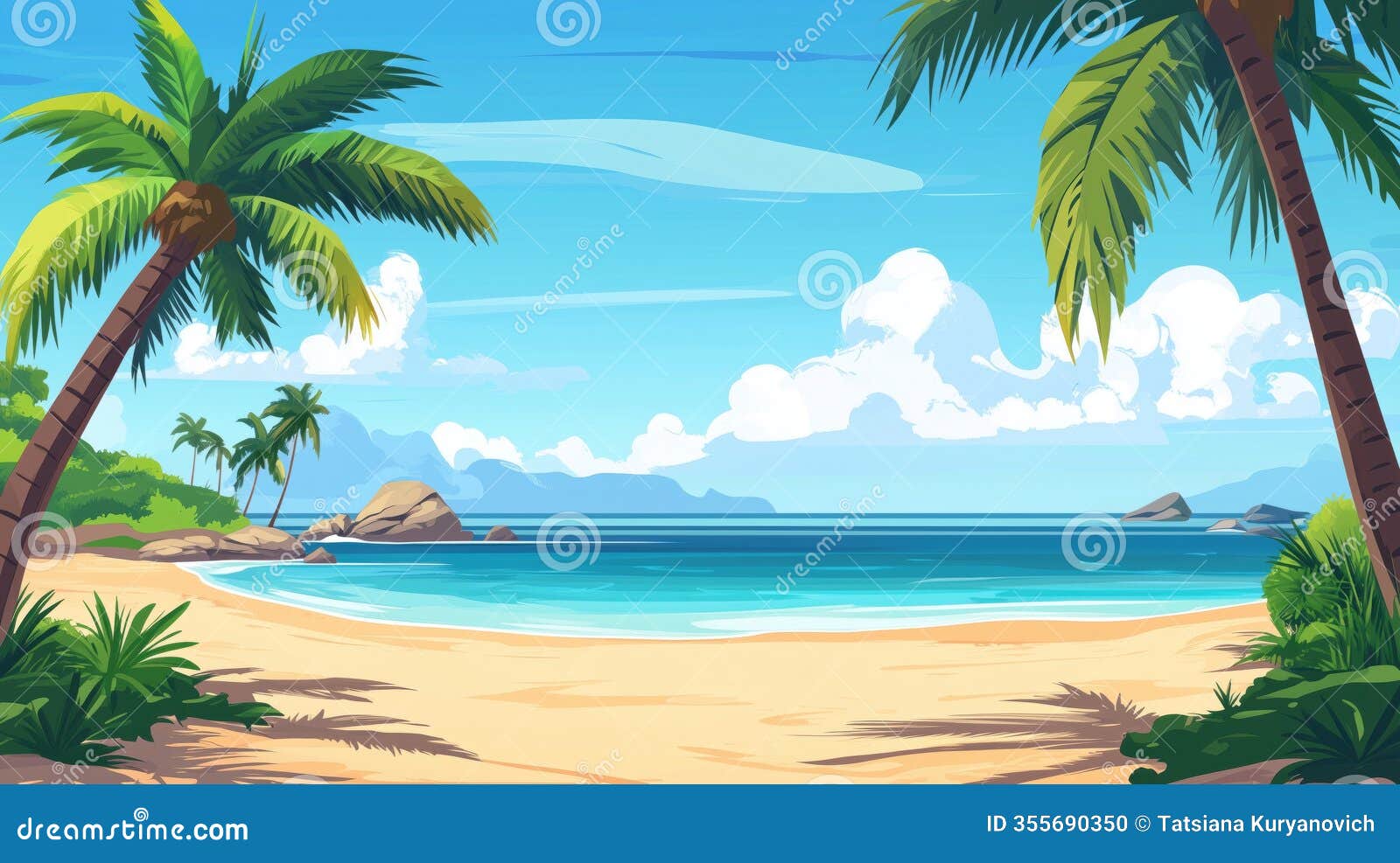 tropical beach scene with palm trees, clear water, and blue sky