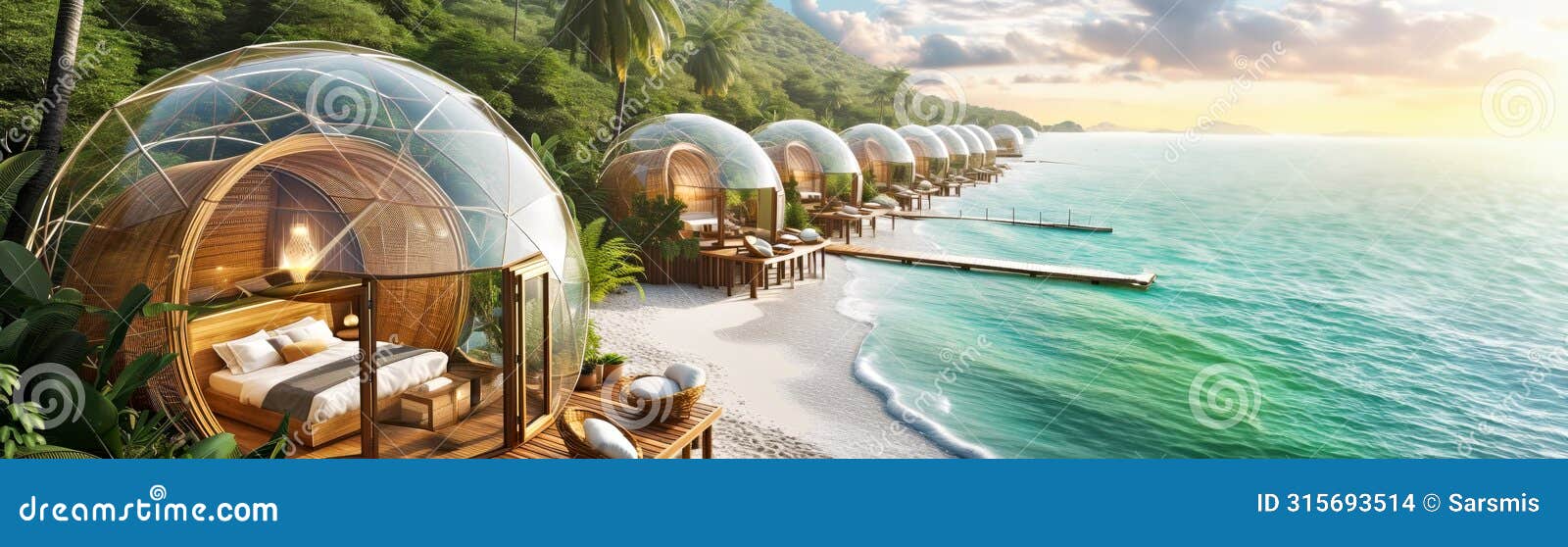 tropical beachfront geo-domes on a beachfront. eco-friendly igloo hotel