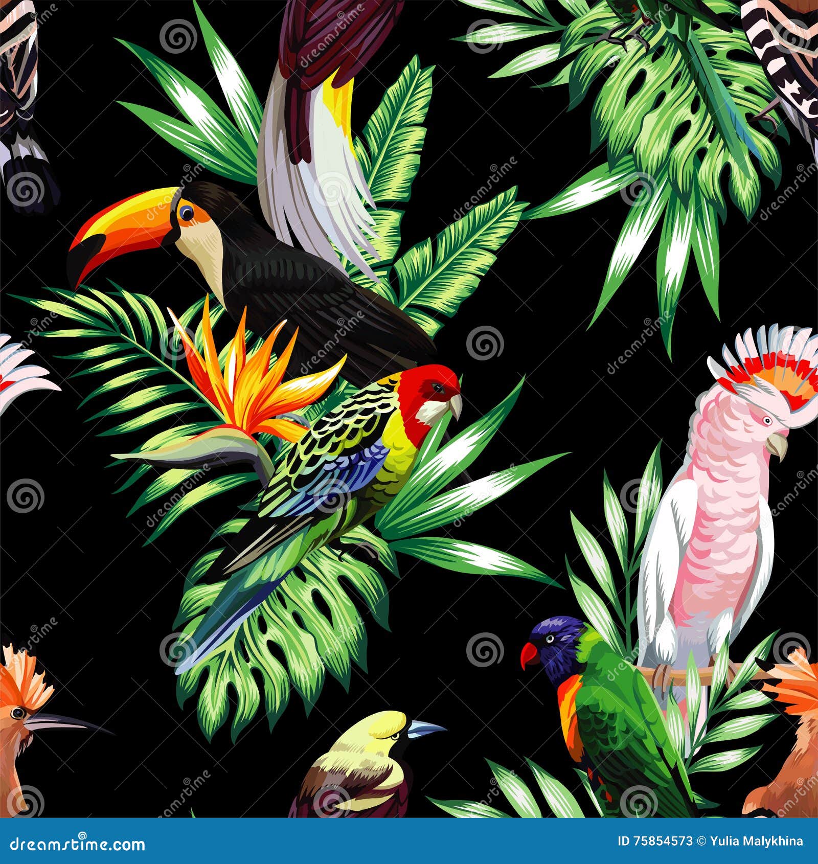 Tropical Birds and Palm Leaves Seamless Black Background Stock Vector - Illustration of decoration, fashion: 75854573 Tropical Birds and Palm Leaves Seamless Black Background Stock Vector - Illustration of decoration, fashion: 75854573