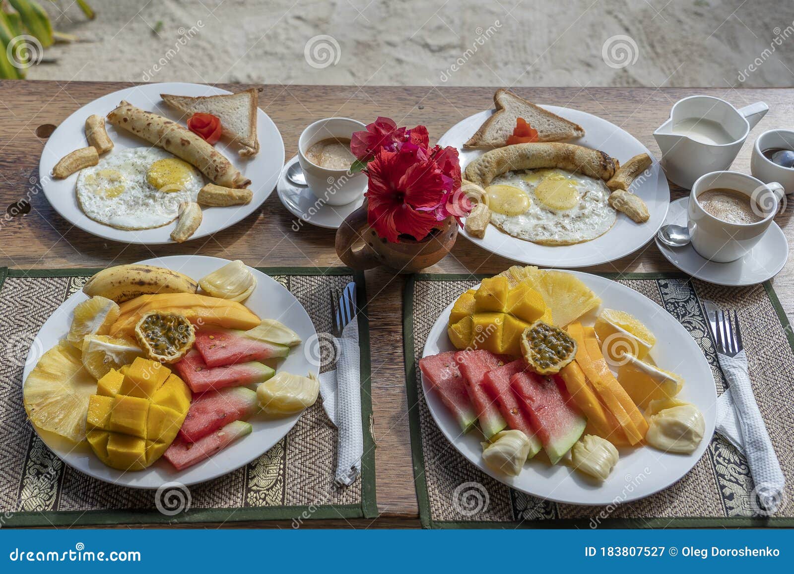 Tropical Breakfast Of Fruit Coffee And Scrambled Eggs And Banana Pancake For Two On The Beach Near Sea Stock Image Image Of Diet Meal Tropical Breakfast Of Fruit Coffee And Scrambled Eggs And Banana Pancake For Two On The Beach Near Sea Stock Image Image Of Diet Meal