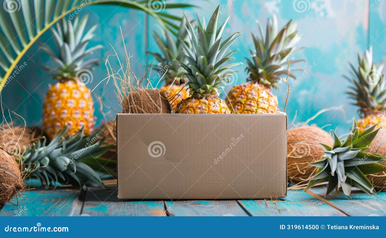 tropical delivery concept featuring a cardboard box filled with vibrant fresh pineapples surrounded by coconut husk