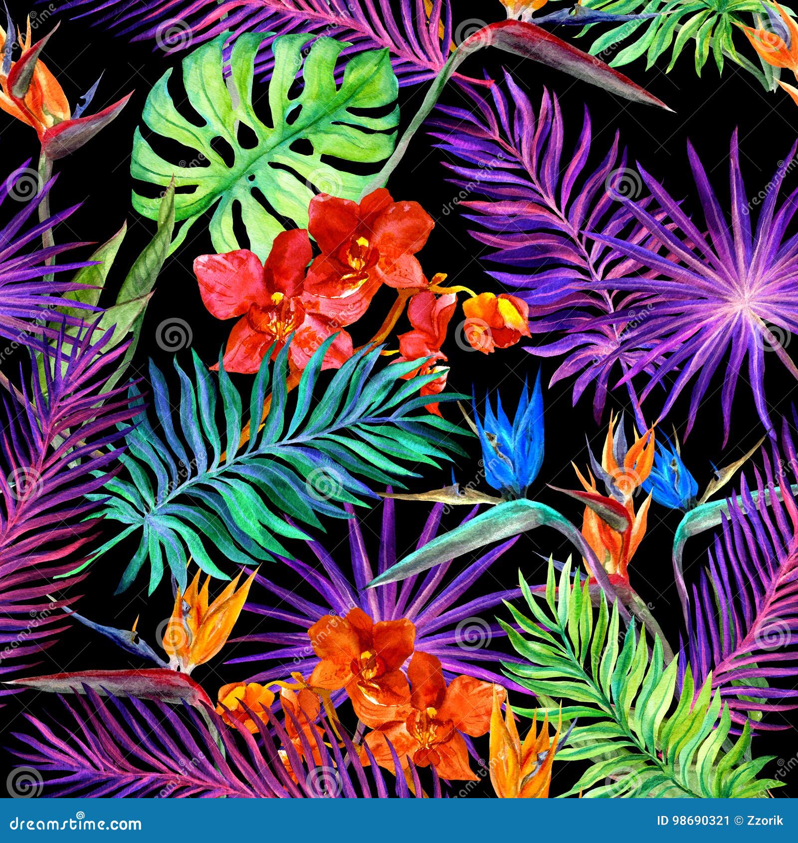 Tropical Design for Fashion: Exotic Leaves, Orchid Flowers in Neon Light.  Seamless Pattern. Watercolor Stock Illustration - Illustration of nature,  hawaiian: 98690321