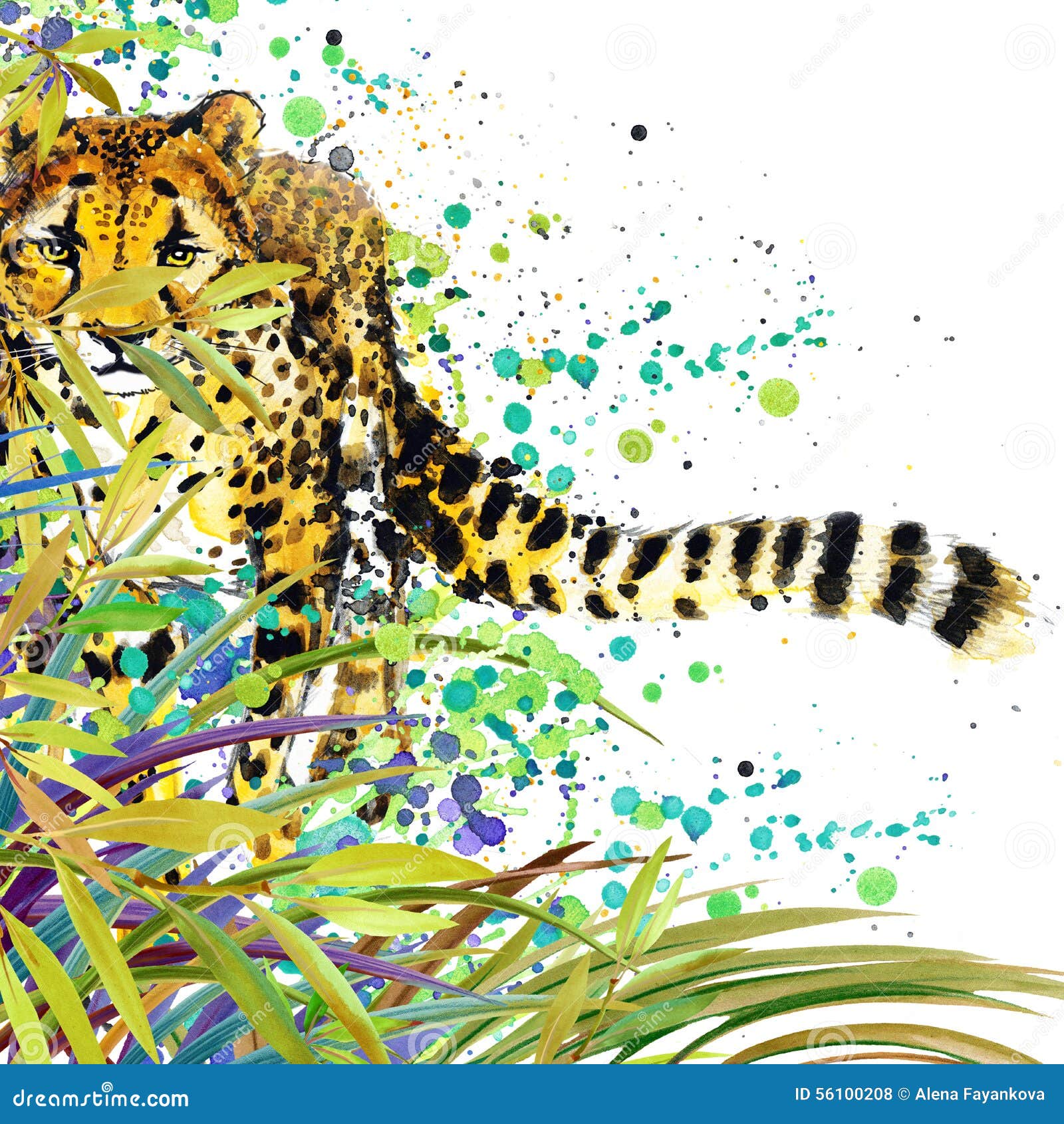tropical exotic forest, green leaves, wildlife, cheetah, watercolor . watercolor background unusual exotic nature