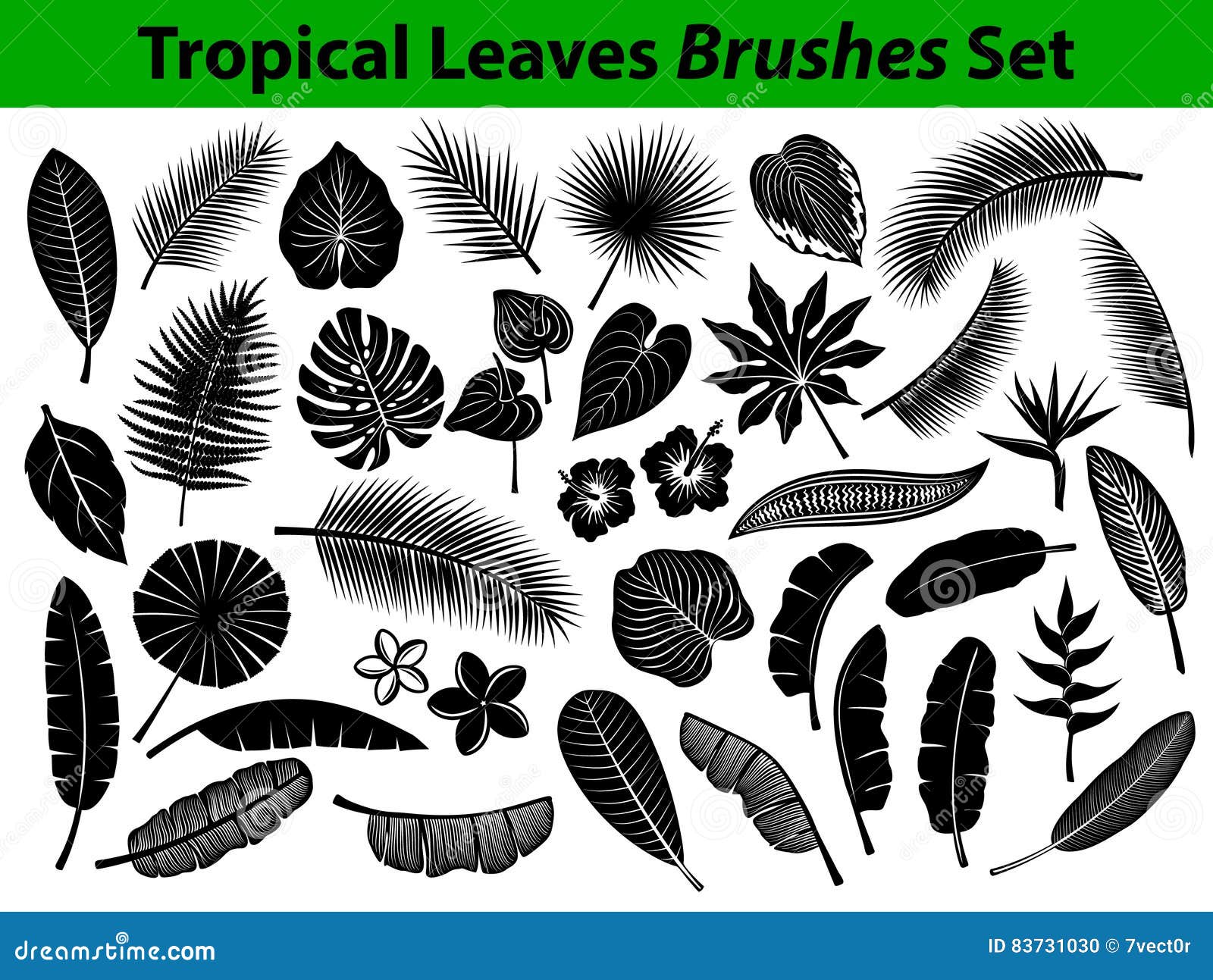 tropical exotic leaves silhouette collection with some flowers in black color