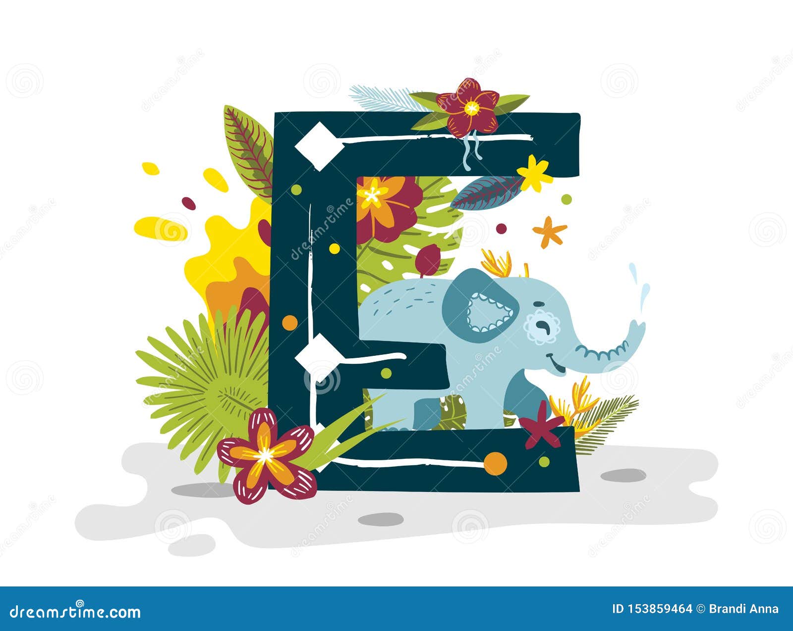 Tropical Exotic Letter E, Animal Elephant, Flowers and Leaves Stock  Illustration - Illustration of plant, flower: 153859464