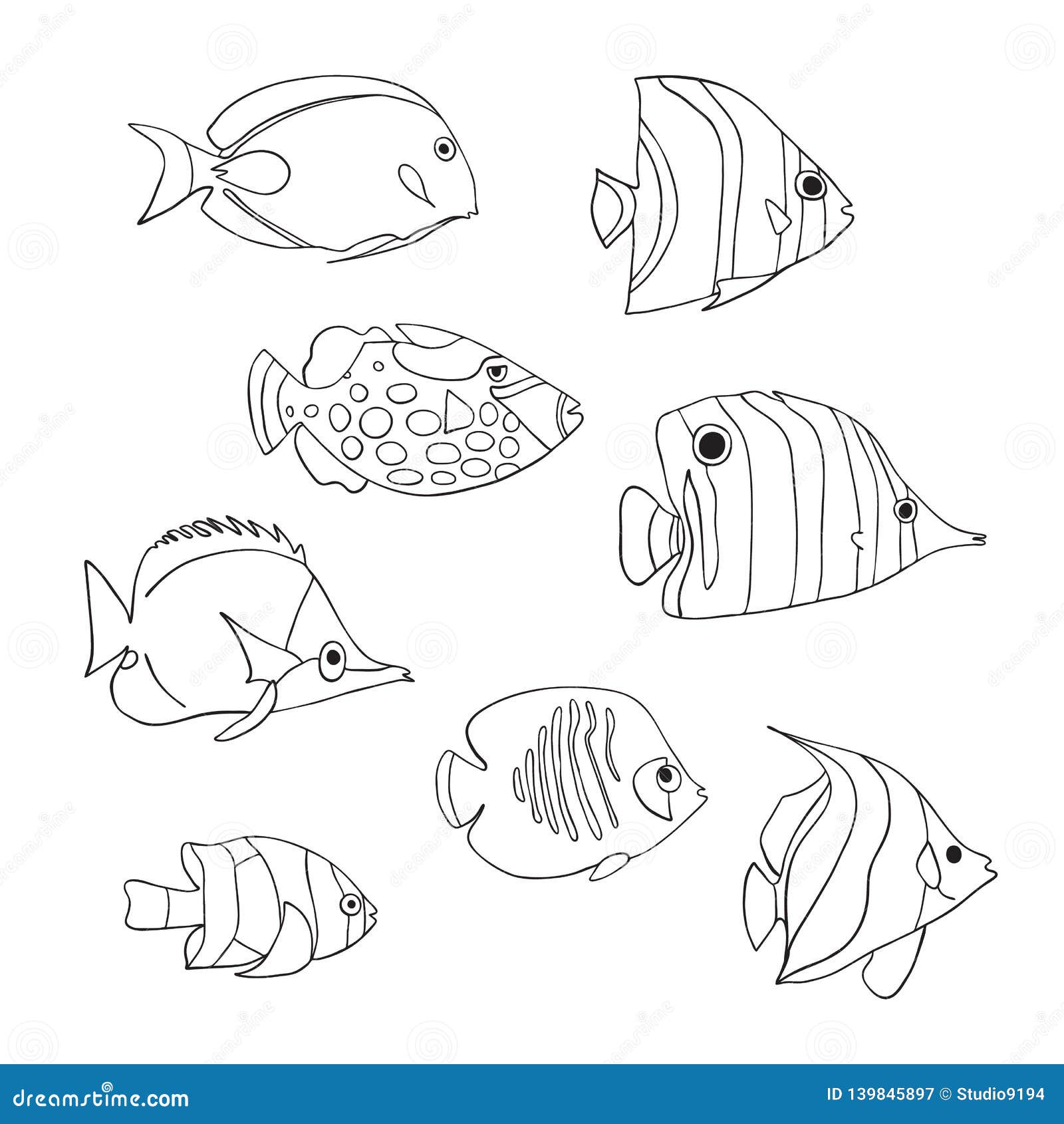 Tropical Fish Icon Set Vector Isolated Characters Butterflyfish Clown Triggerfish Damsel Anemonefish Angelfish Clownfish Stock Vector Illustration Of Anemonefish Fish