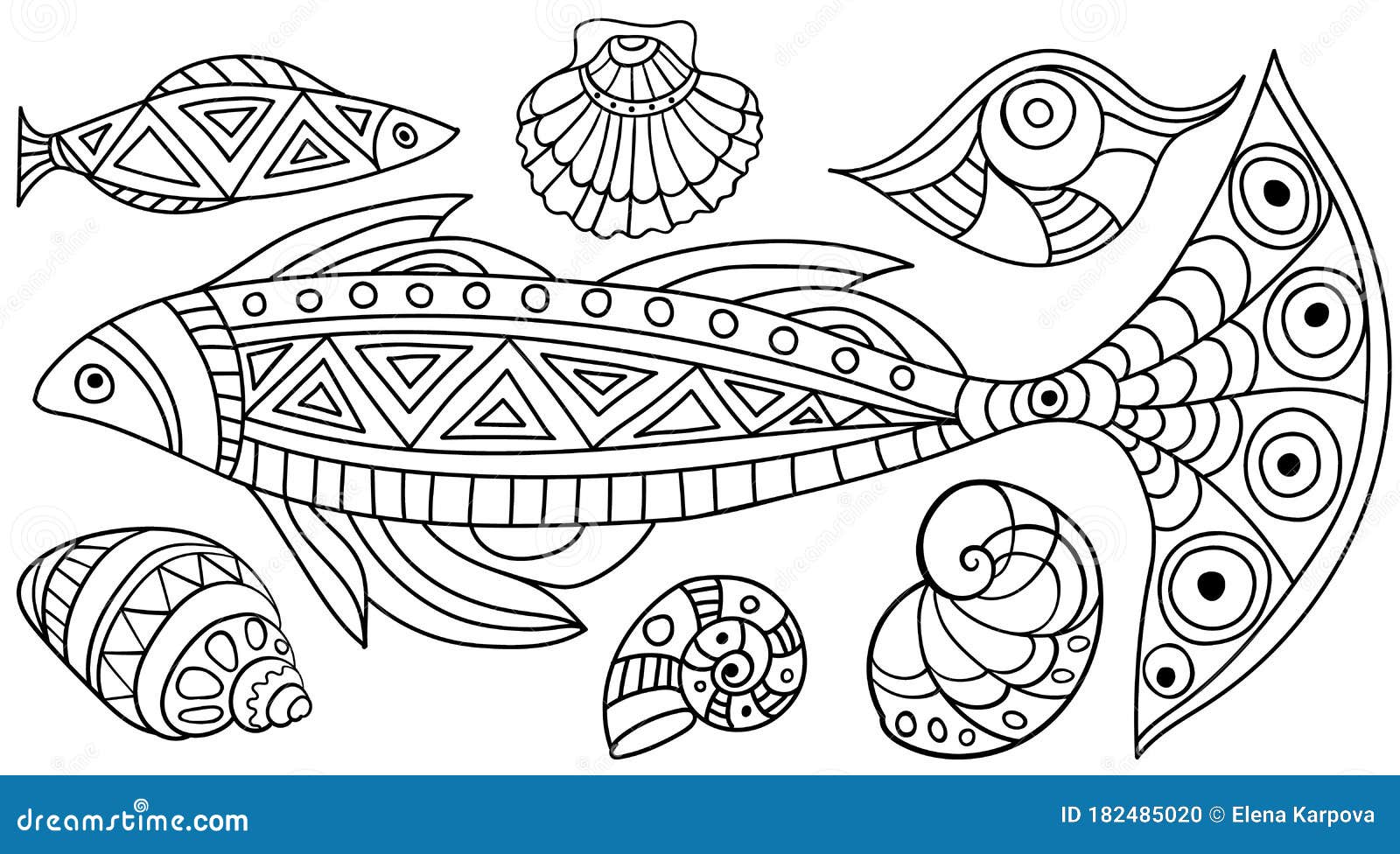 Tropical Fish and Seashells Coloring Page. Anti-stress Coloring for