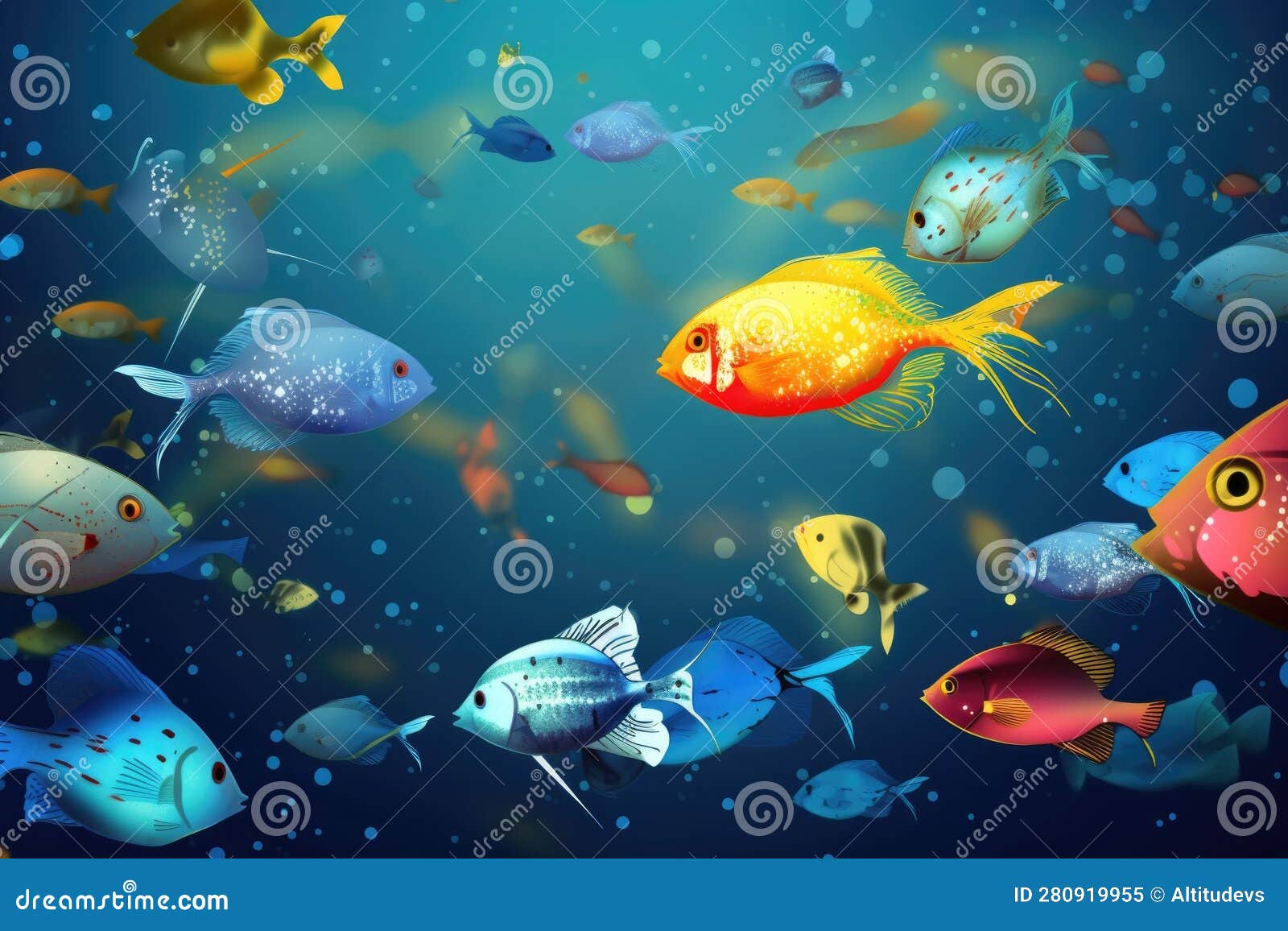 Tropical Fish Swimming in School, with Schools of Different Species