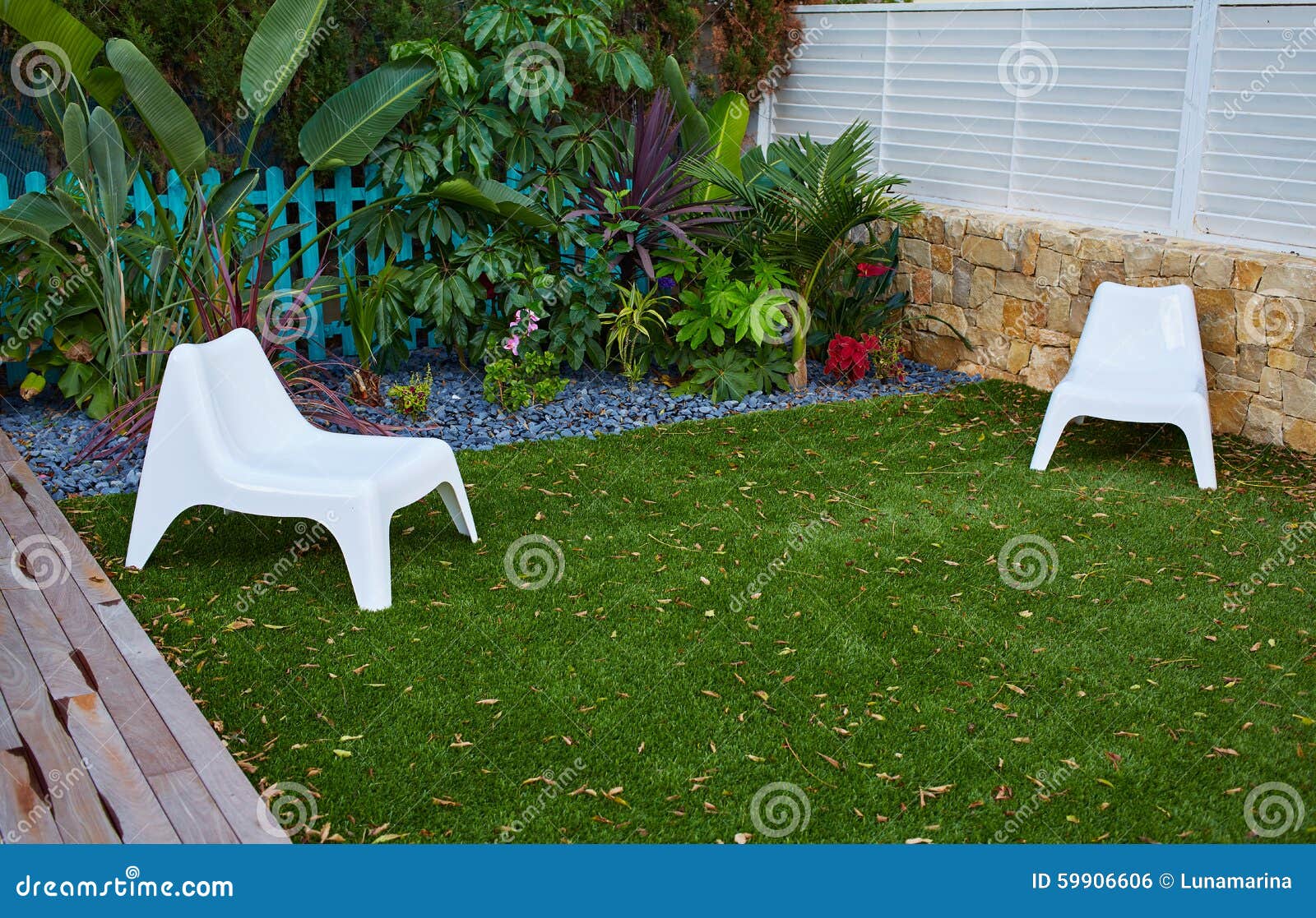 tropical garden with artificial grass turf wood deck