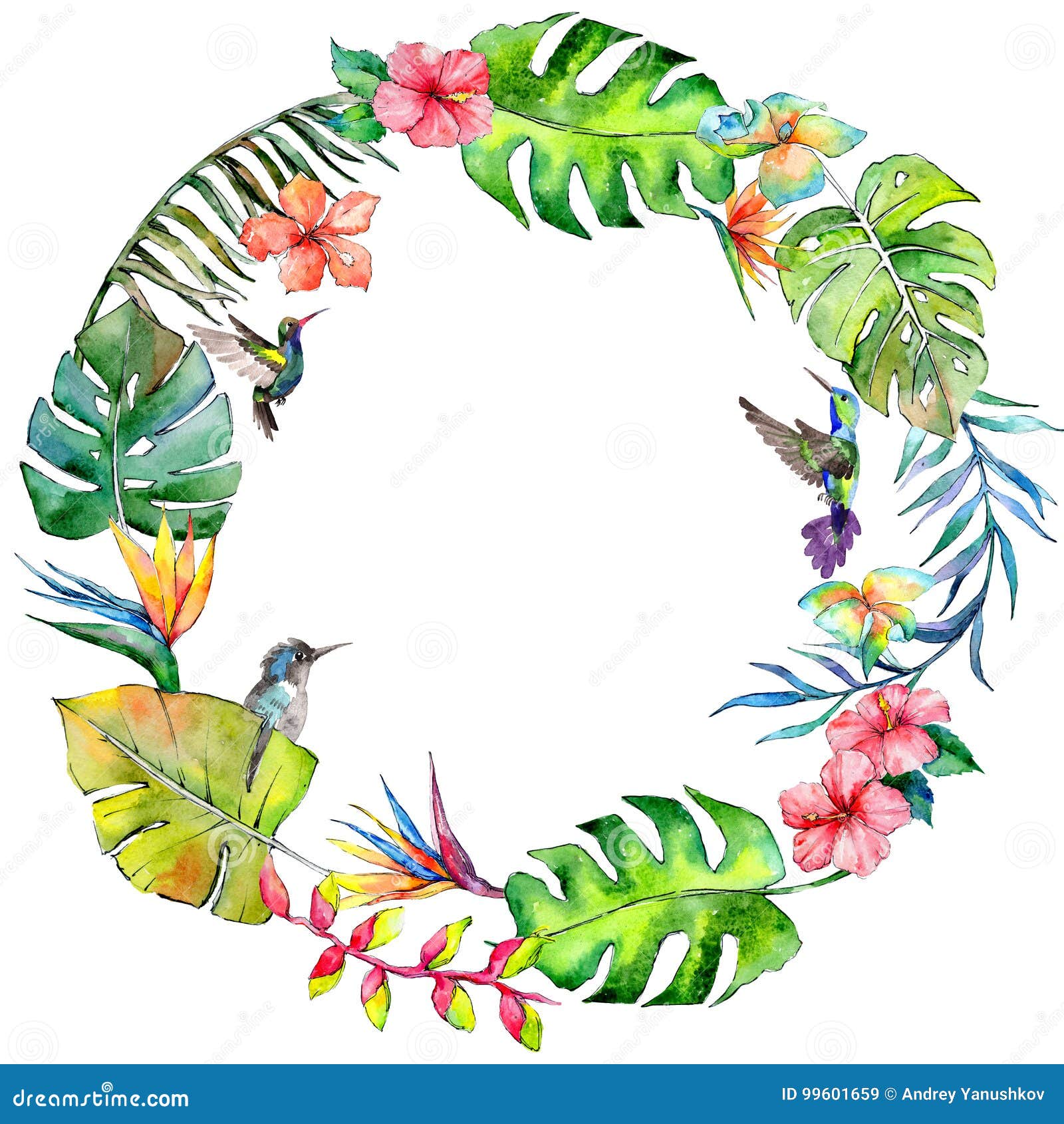 Tropical Hawaii Leaves Wreath in a Watercolor Style. Stock Illustration ...