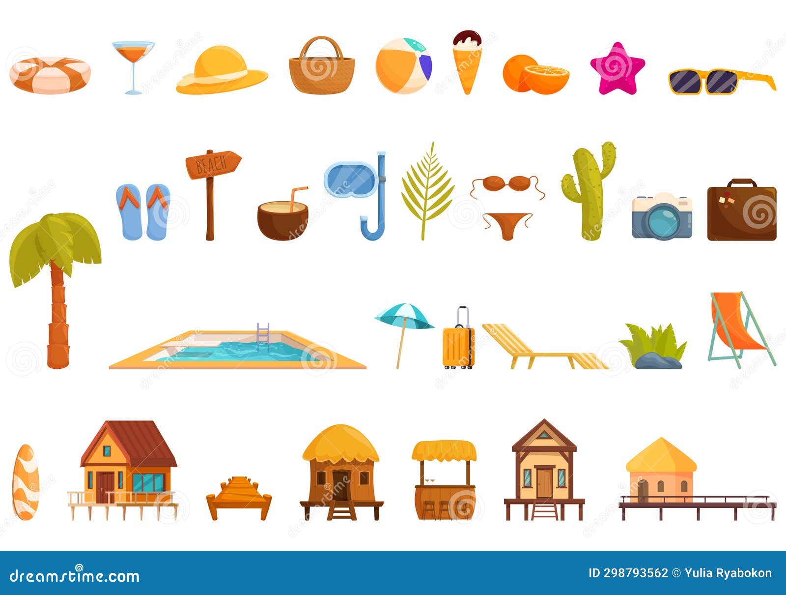 Tropical Hotel Icons Set Cartoon Vector. Sea Beach Villa Stock ...