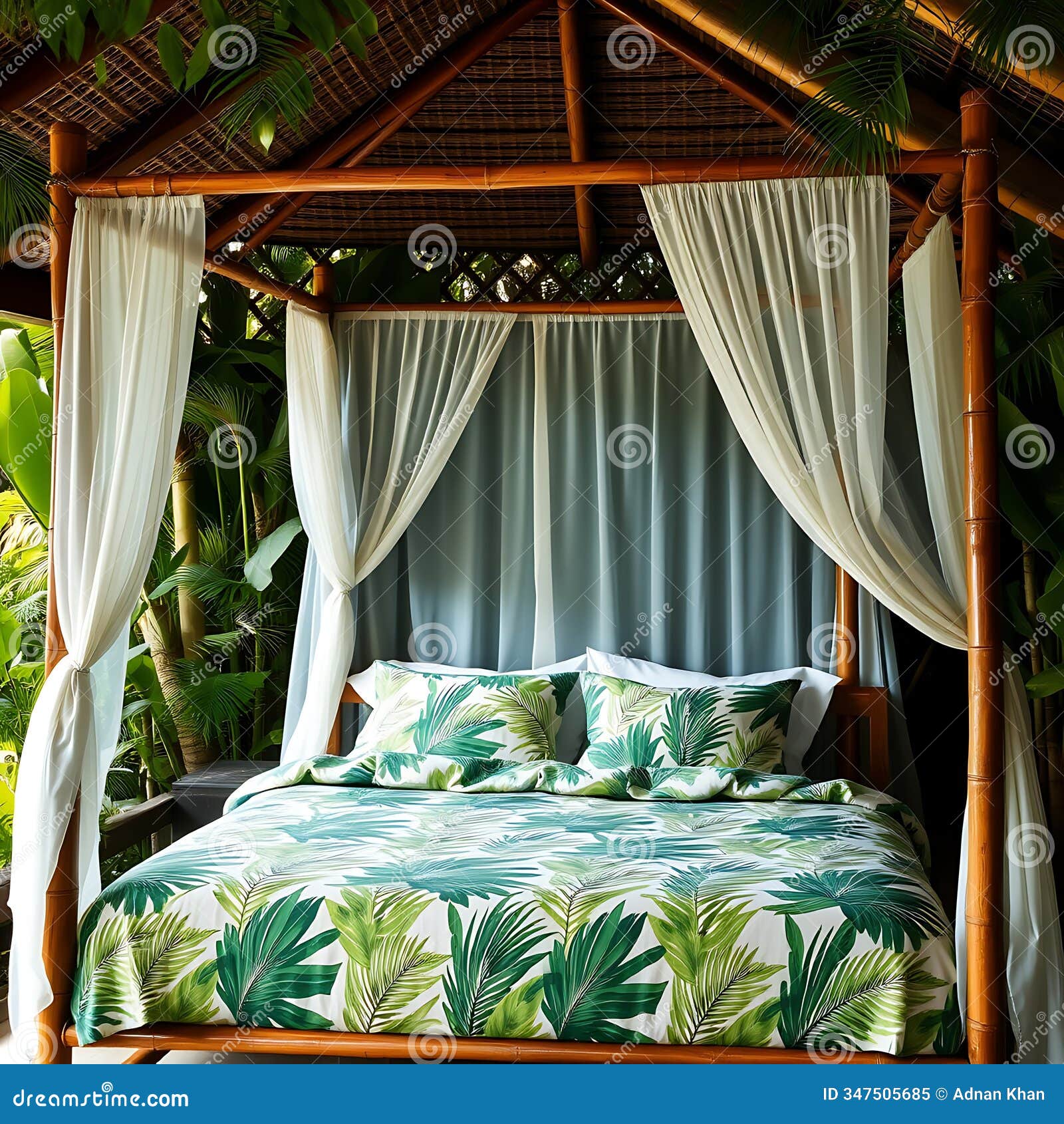 a tropical inspired canopy bed with palm leaf patterned bedding bamboo posts and hanging sheer fabric in a lush green setting