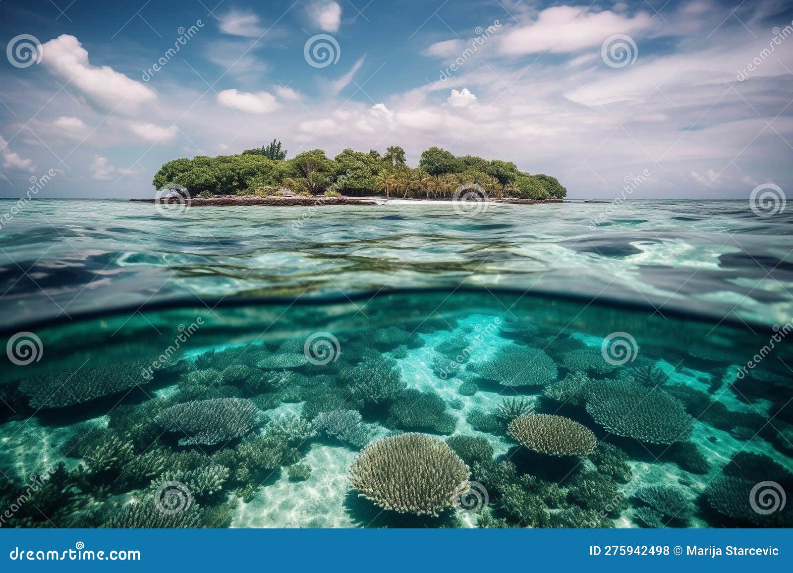 tropical island and cristal clear water of maldives. half underwater