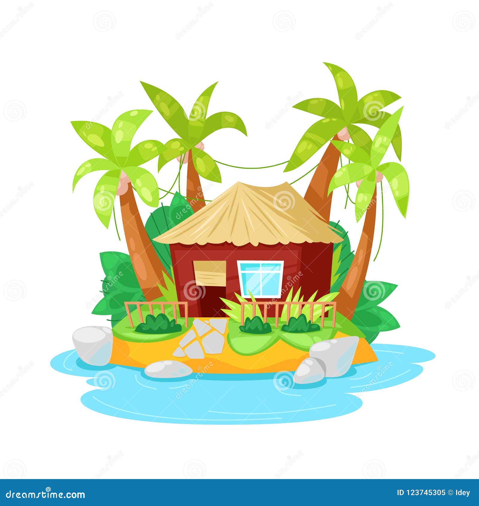 Tropical Island In Ocean With Palm Trees And Bungalow Hut. Cartoon ...