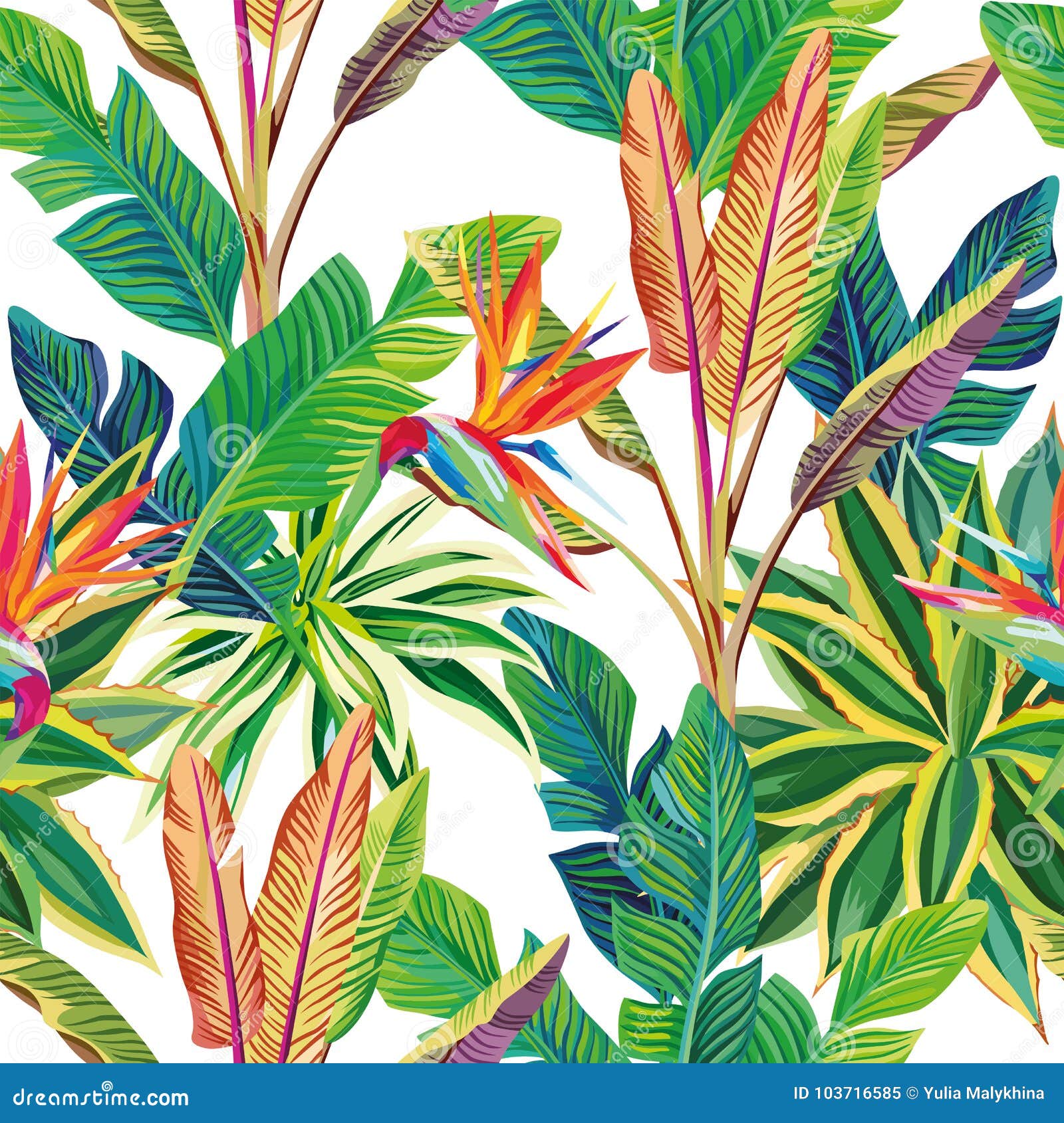 tropical jungle birds of paradise and leaves seamless