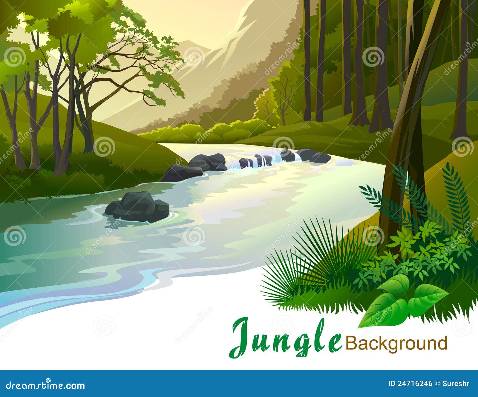 Tropical Jungle Trees And River Gushing Vector Illustration