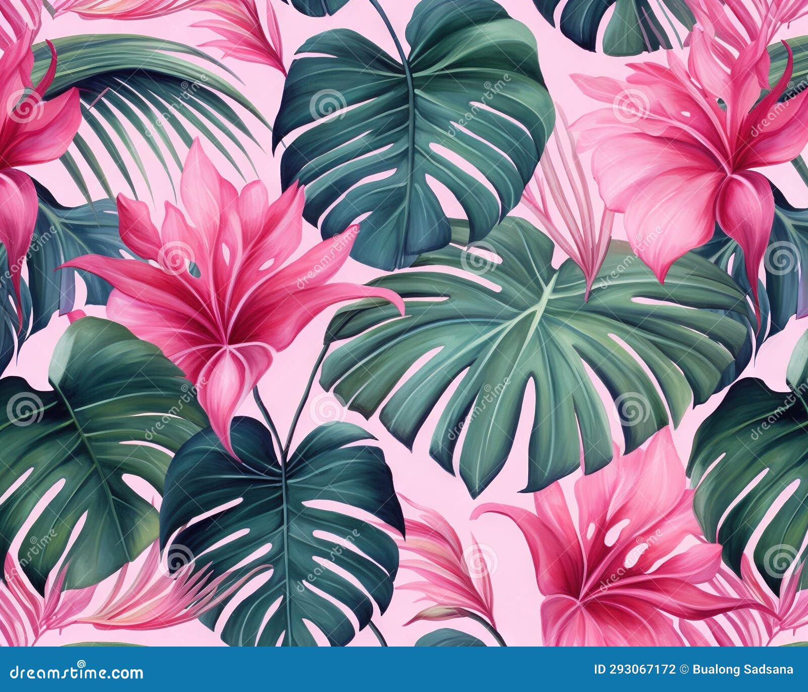 Tropical Leaf Pattern Wallpaper with a Pink Background. Stock