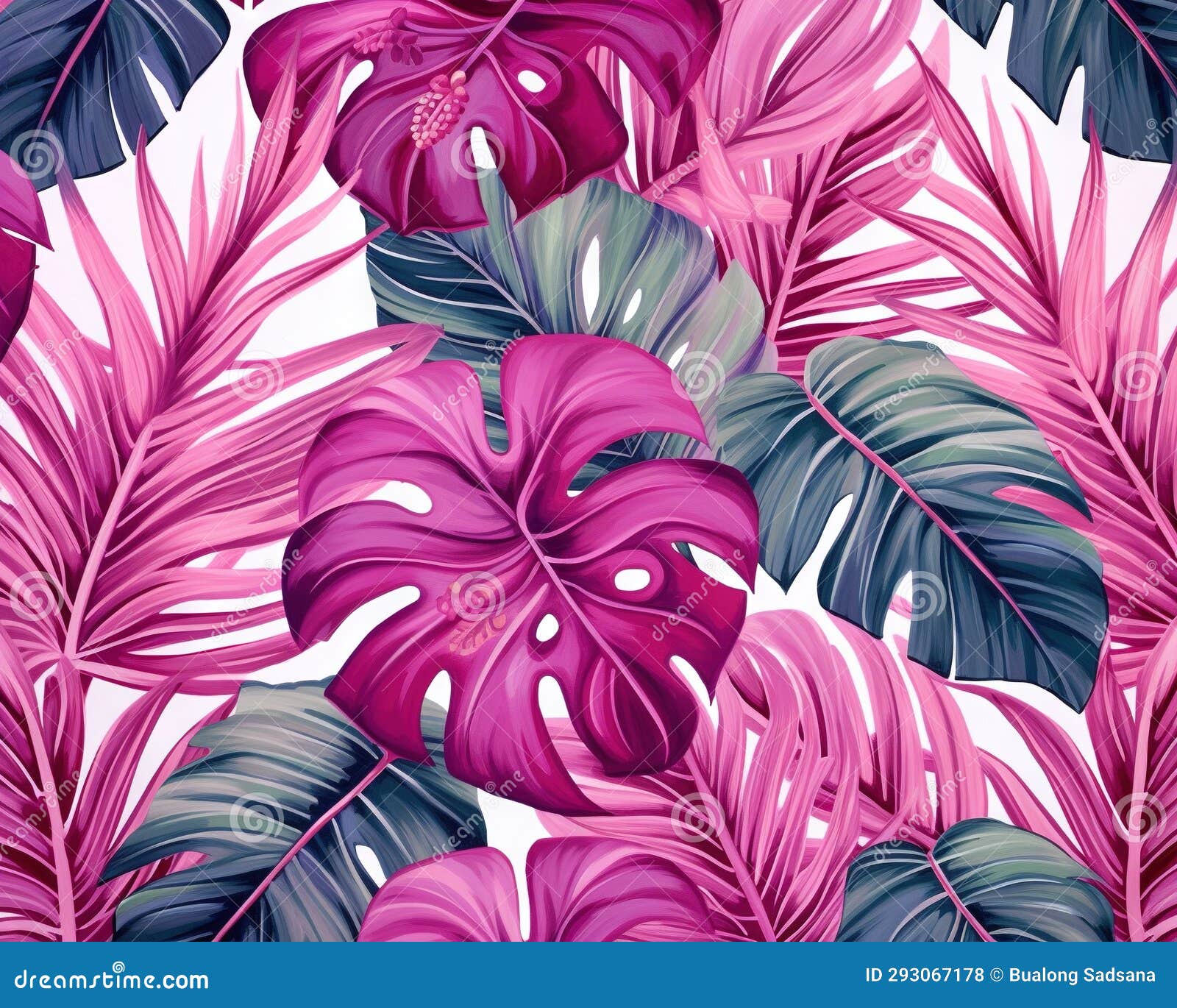 Tropical Leaf Pattern Wallpaper with a Pink Background. Stock