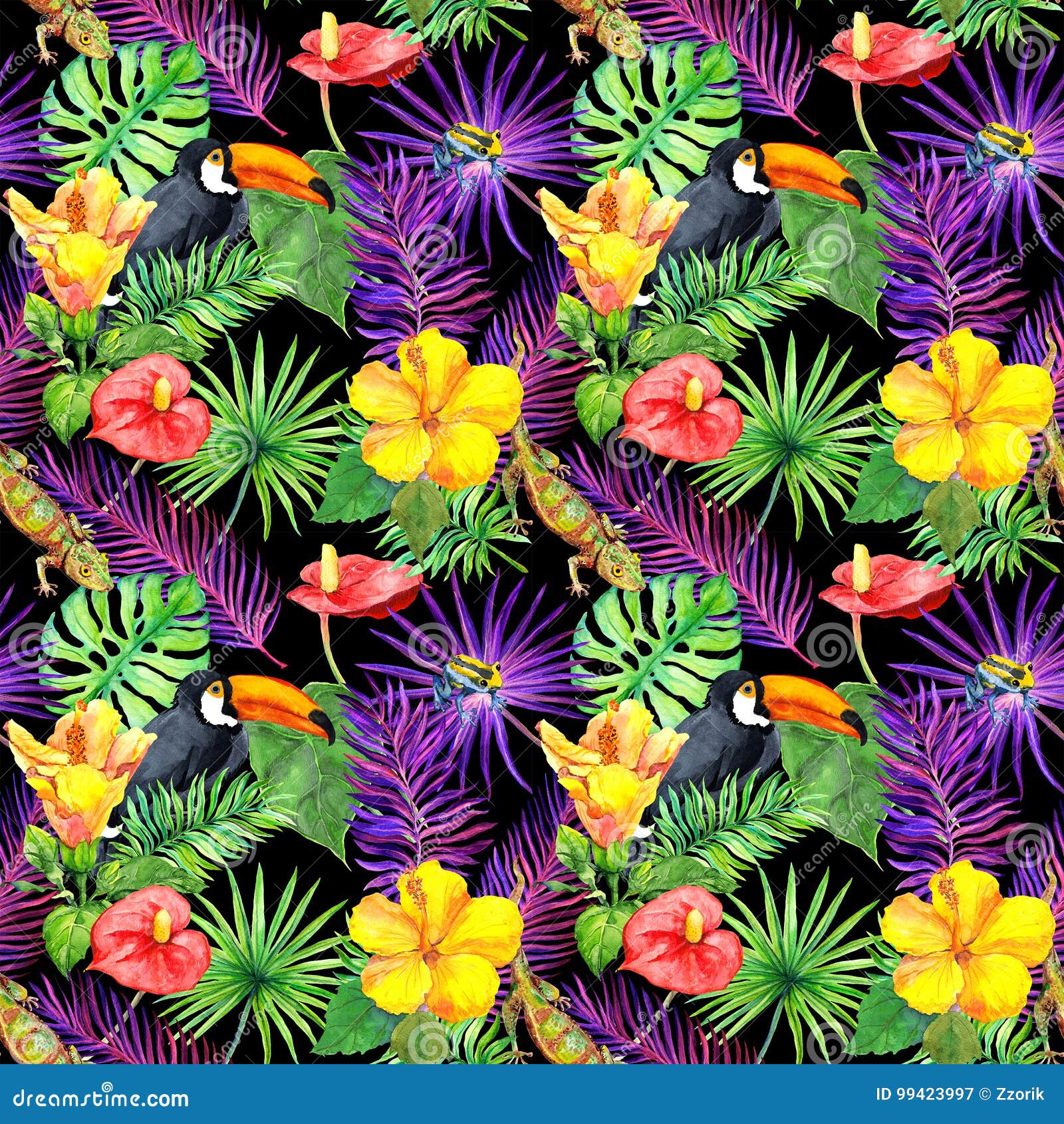 tropical leaves, exotic flowers, toucan bird, gecko. seamless wallpaper. watercolor