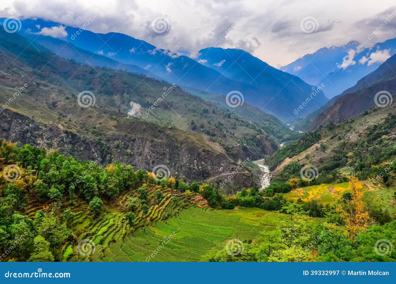 tropical mountain landscape with fields in nepal