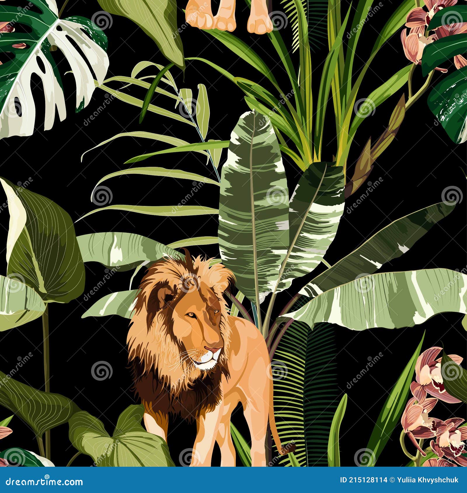 Tropical Palm Tree, Exotic Plant, Orchid Flower, Lion Animal Floral Seamless Border on Black Background. Stock Illustration - Illustration of orchid, monstera: 215128114 Tropical Palm Tree, Exotic Plant, Orchid Flower, Lion Animal Floral Seamless Border on Black Background. Stock Illustration - Illustration of orchid, monstera: 215128114