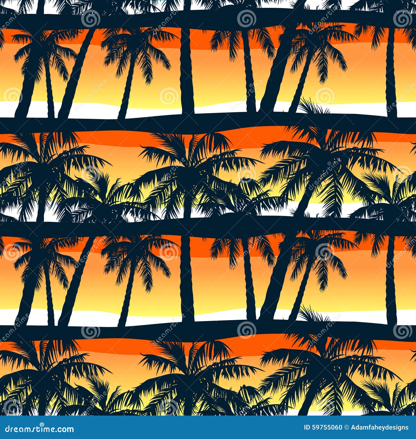 tropical palms trees at sunset in a seamless pattern