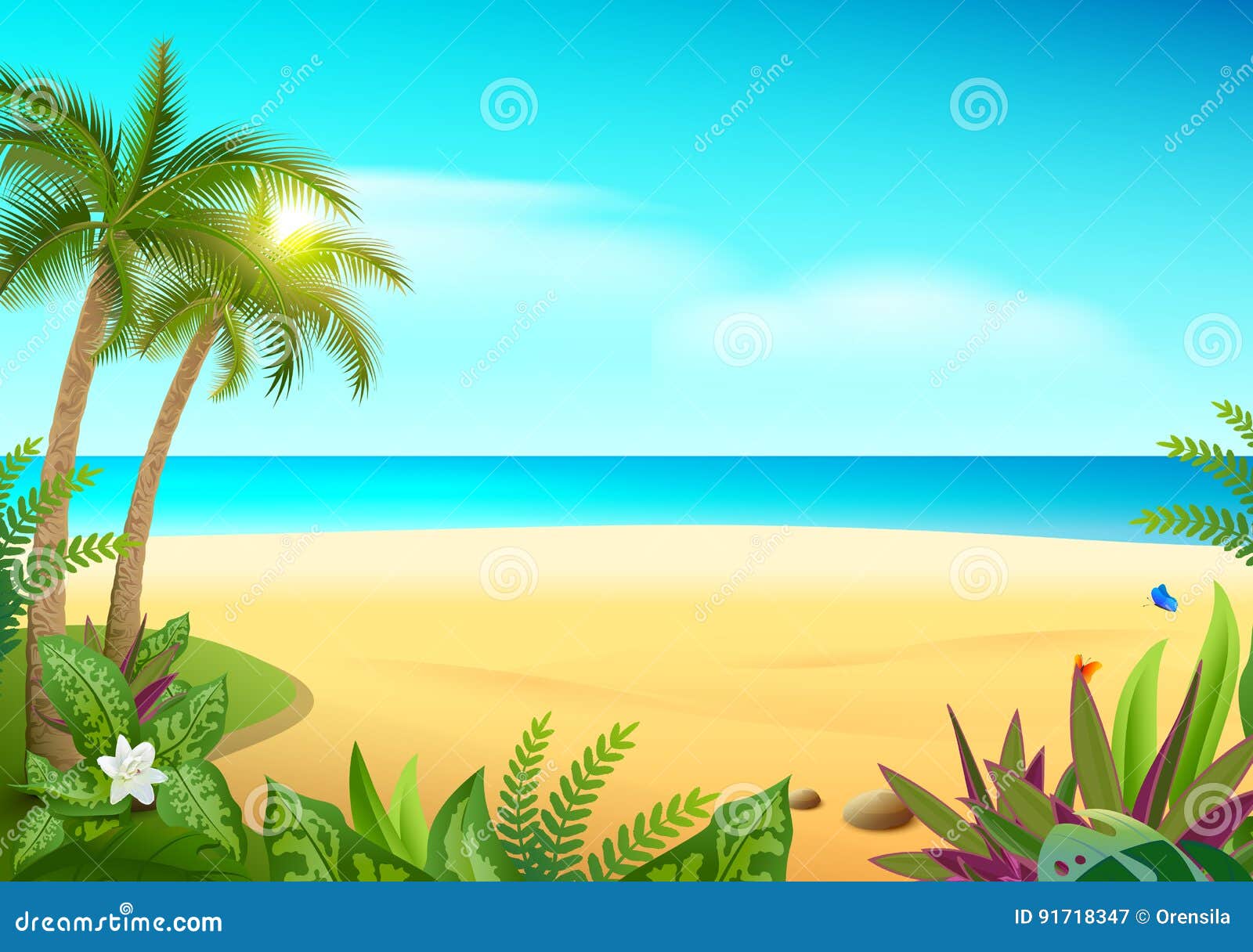 tropical paradise island sandy beach, palm trees and sea