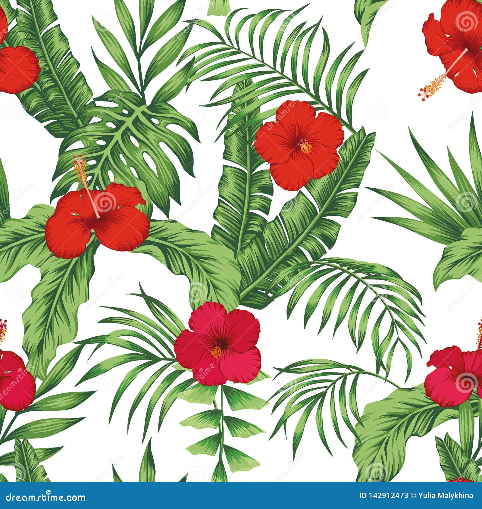 Tropical Pattern Leaves Flowers Seamless White Background Stock