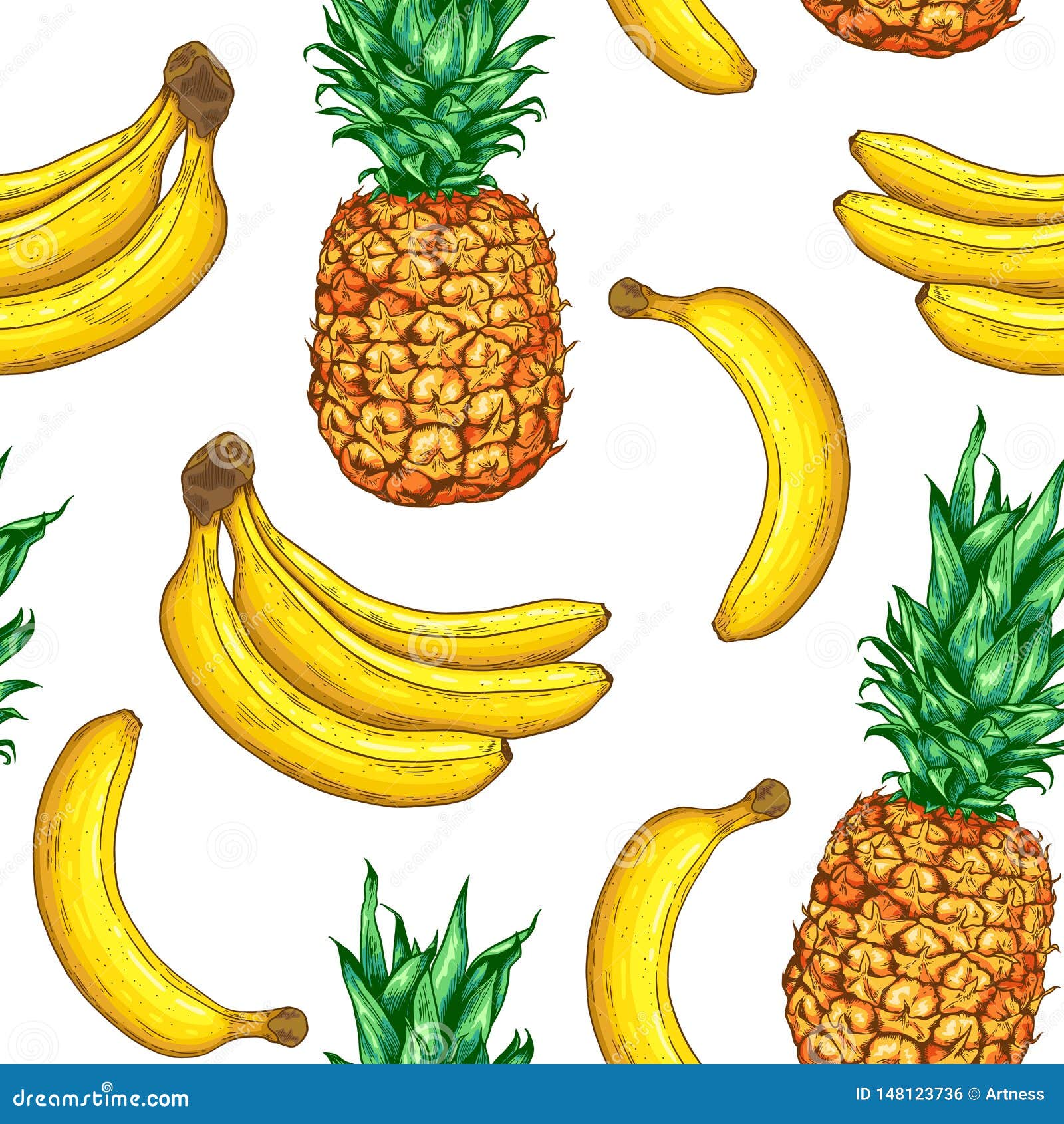 Hand drawn tropical vector seamless pattern with pineapple and bananas on a...