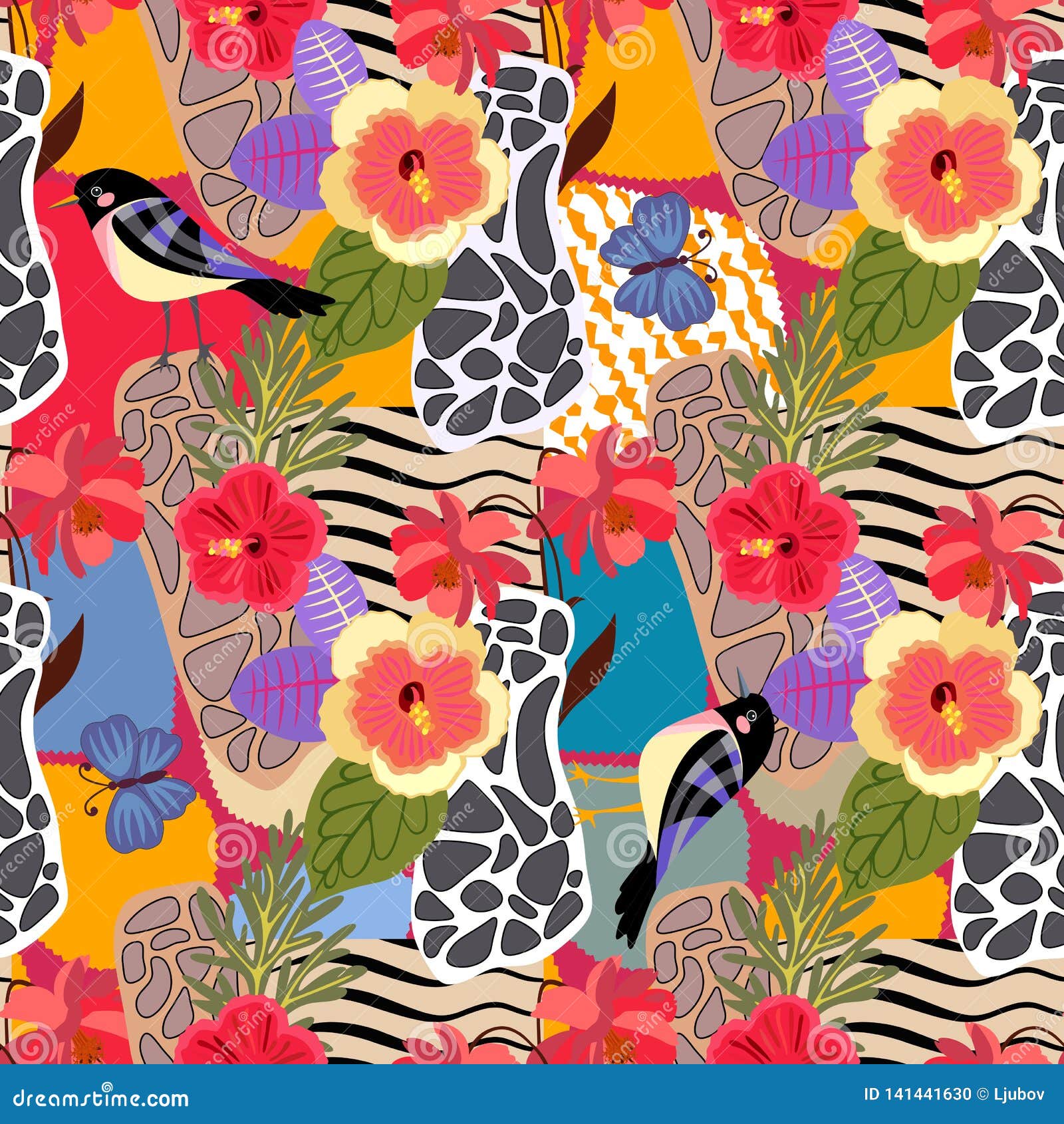 Download Tropical Plants And Flowers Seamless Pattern Cute Birds And Big Blue Butterflies On Patchwotk Background With Abstract Print Stock Vector Illustration Of Print Bright 141441630