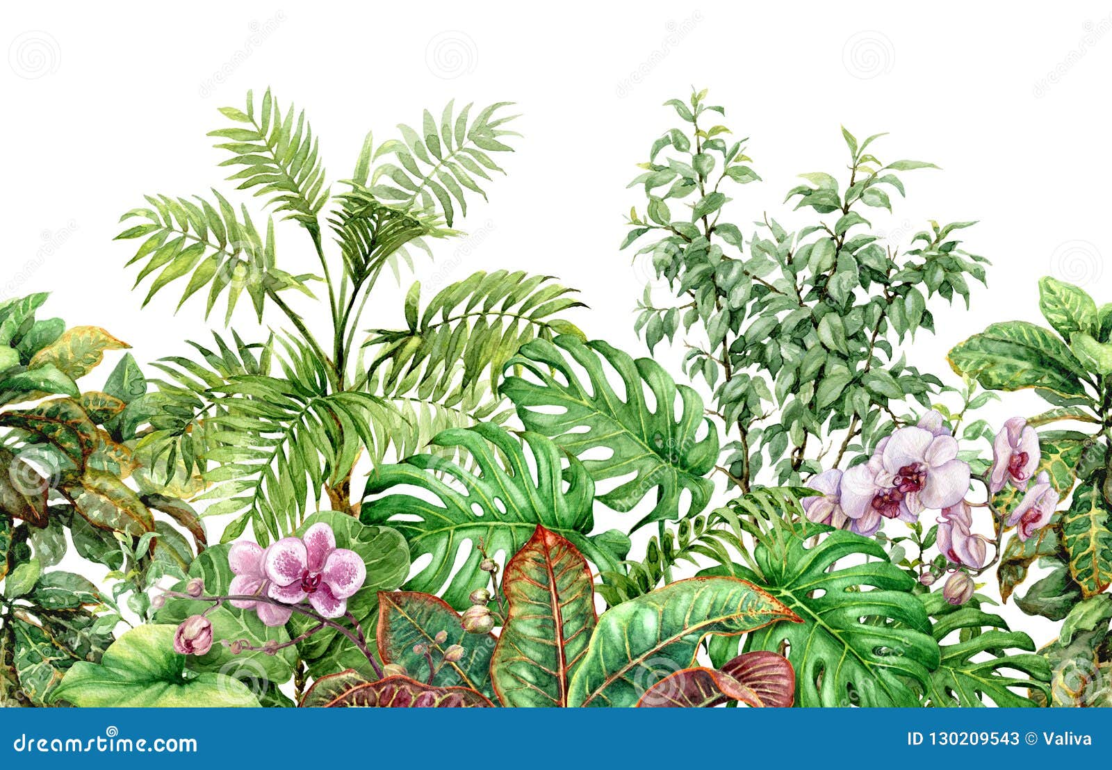 tropical plants line seamless pattern