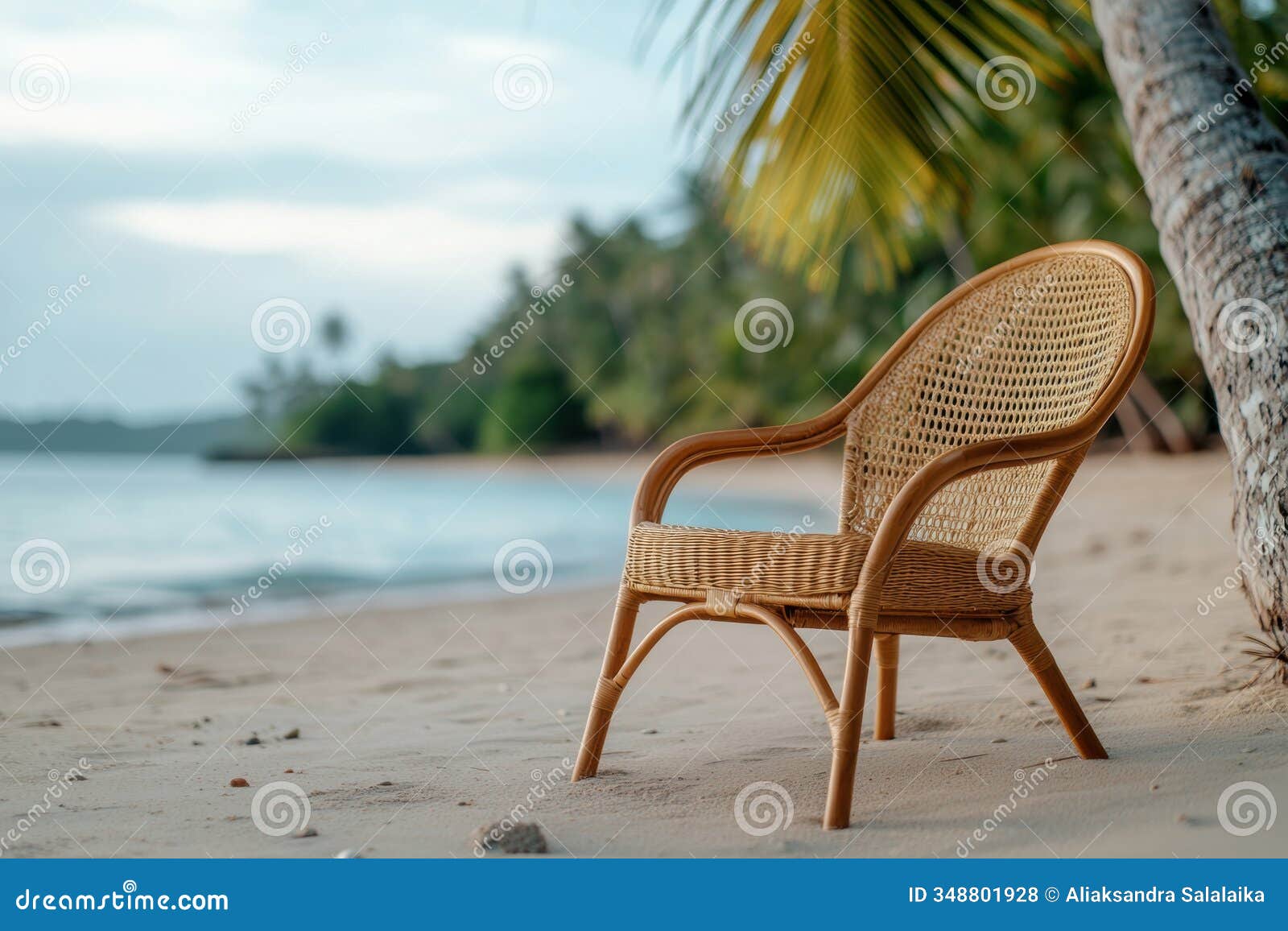 tropical relaxation, a rattan chair under a palm tree, with the oceans rhythm adding to the tranquil beach day ambiance