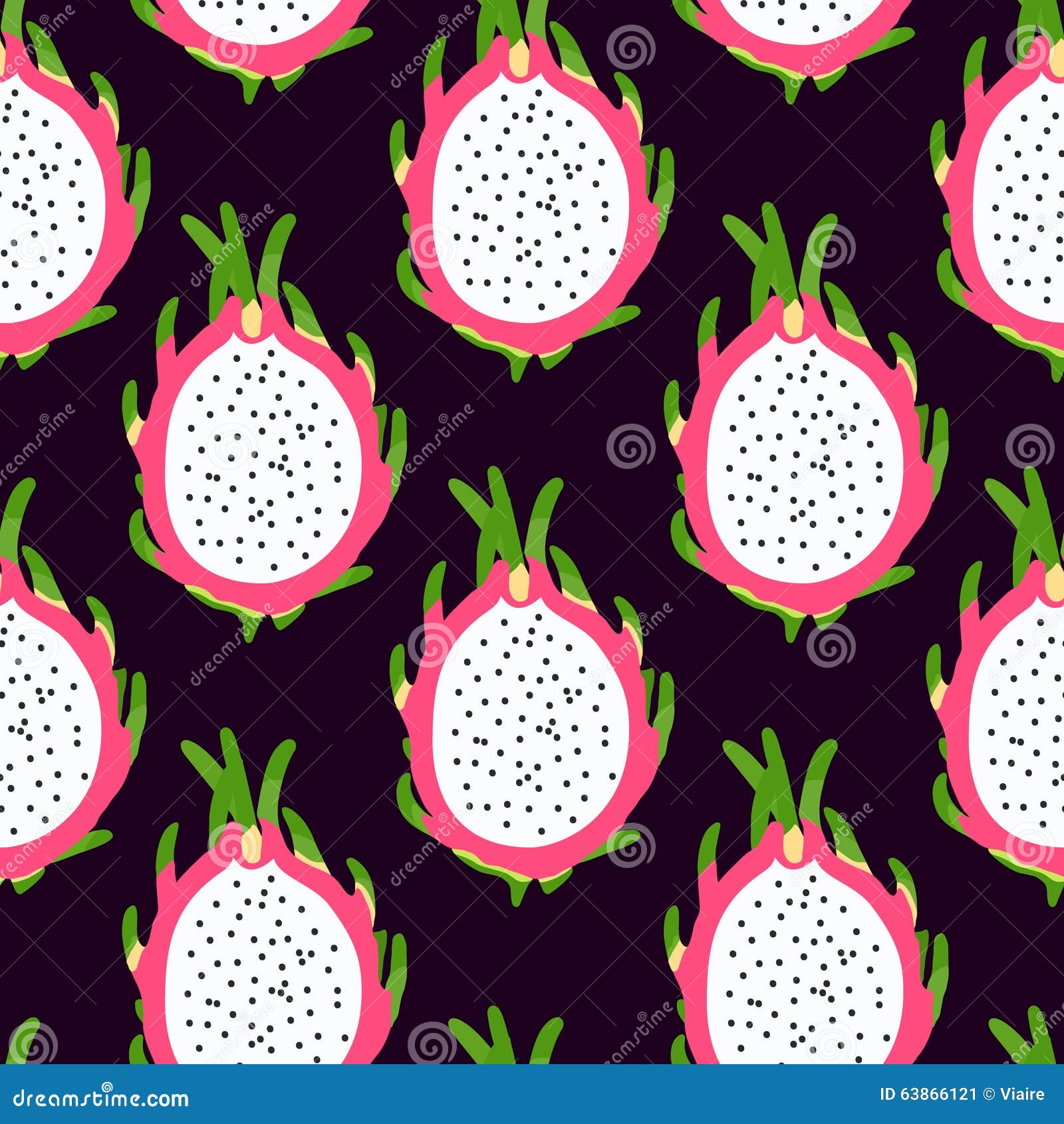 tropical seamless pattern with dragon fruit on the black background.