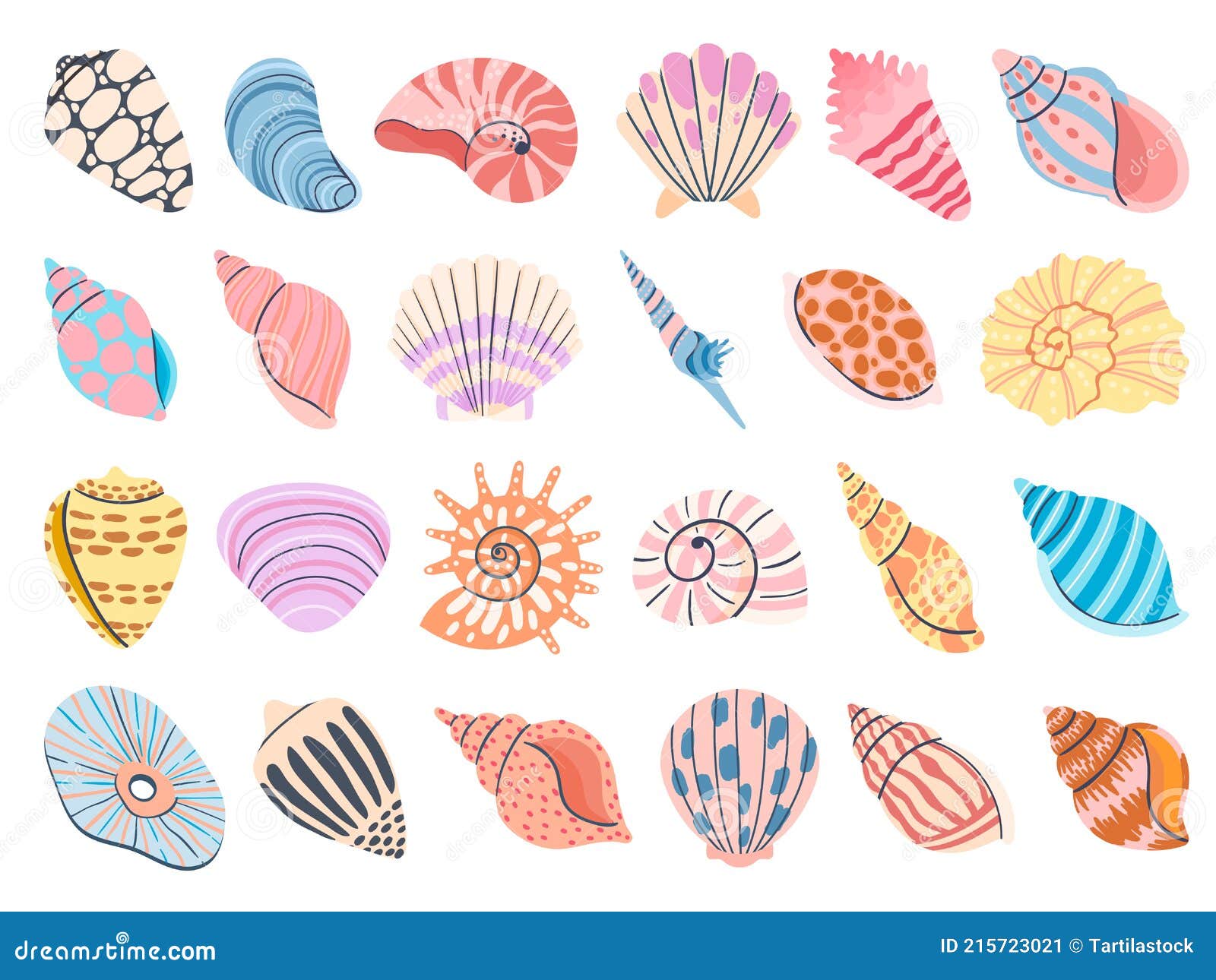 Tropical Seashell. Cartoon Clam, Oyster and Scallop Shells. Colorful Underwater Conches of Mollusk and Sea Snail Stock Vector - Illustration of reef, underwater: 215723021 Tropical Seashell. Cartoon Clam, Oyster and Scallop Shells. Colorful Underwater Conches of Mollusk and Sea Snail Stock Vector - Illustration of reef, underwater: 215723021