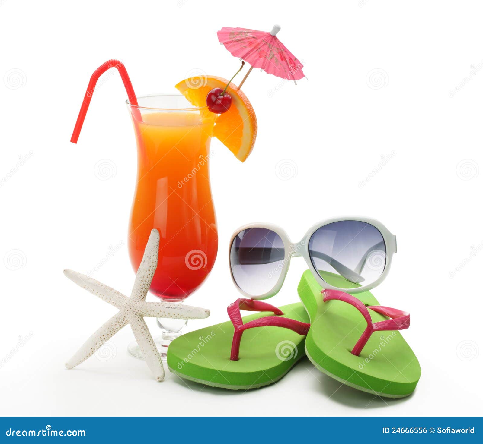 Tropical Summer Drink,Sunglasses and Flip-flops Stock Photo - Image of