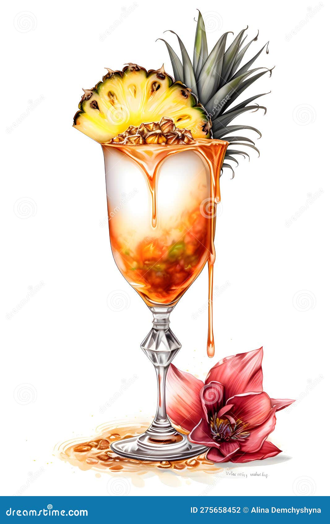 Tropical Summer Refreshing Cocktail with Pineapple and Flowers