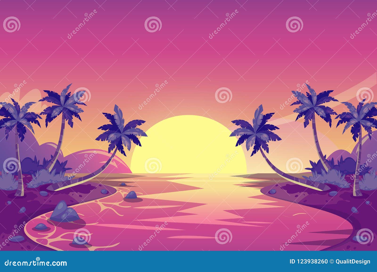 Tropical Summer Sunset. Vector Cartoon Island Landscape Illustration. Palm  Trees on the Ocean Beach Stock Vector - Illustration of evening, resort:  123938260