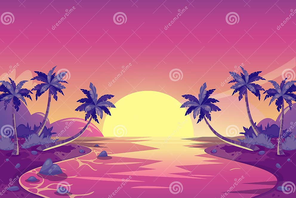 Tropical Summer Sunset. Vector Cartoon Island Landscape Illustration ...