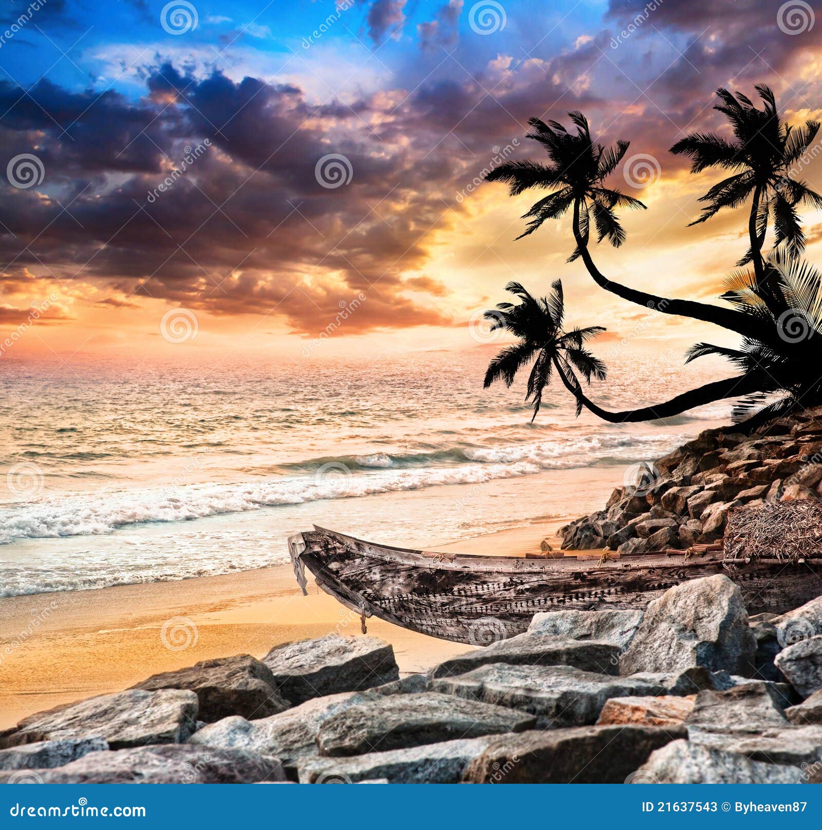 Tropical sunset with boat stock image. Image of clouds - 21637543