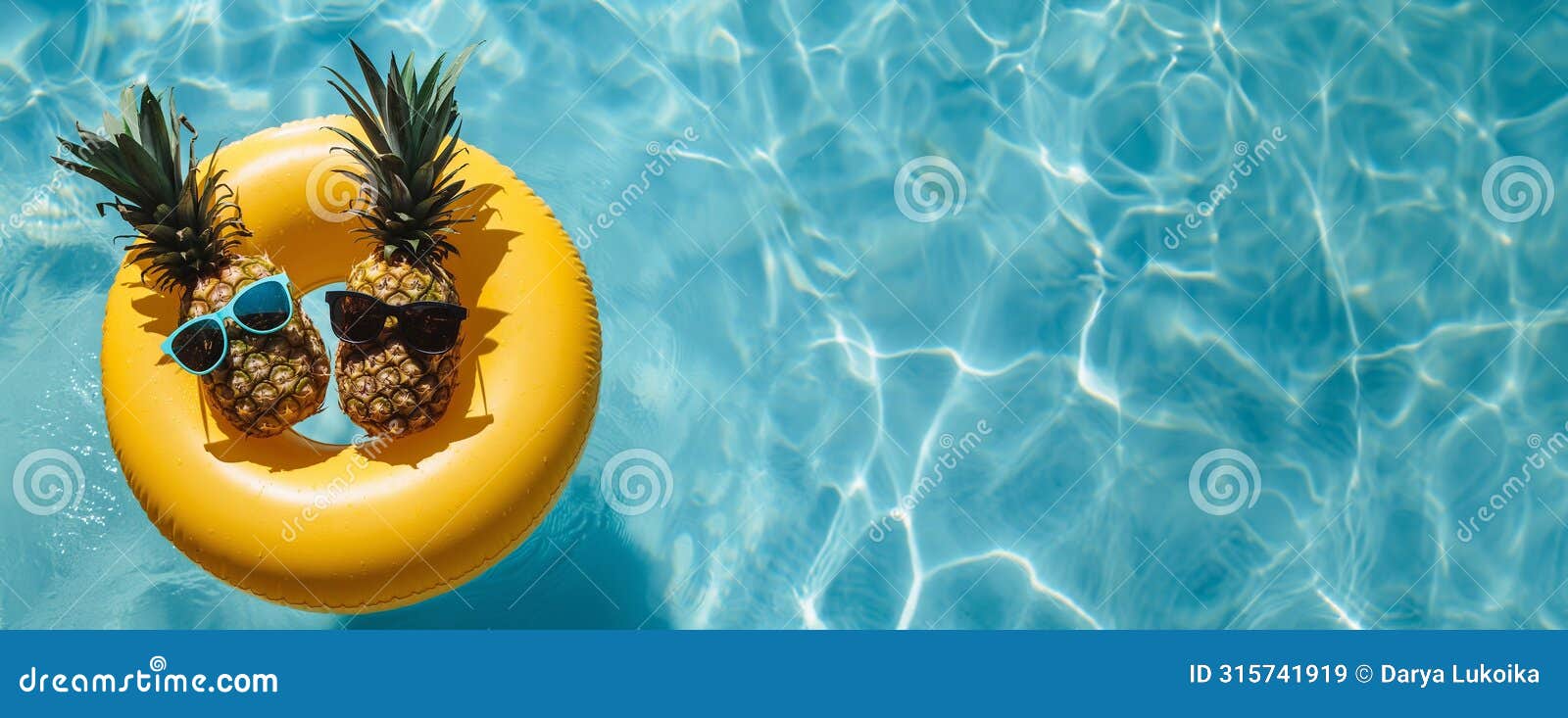 tropical tranquility banner with copy space. two funny charming pineapples relax in the pool on an yel inflatable ring, creating a