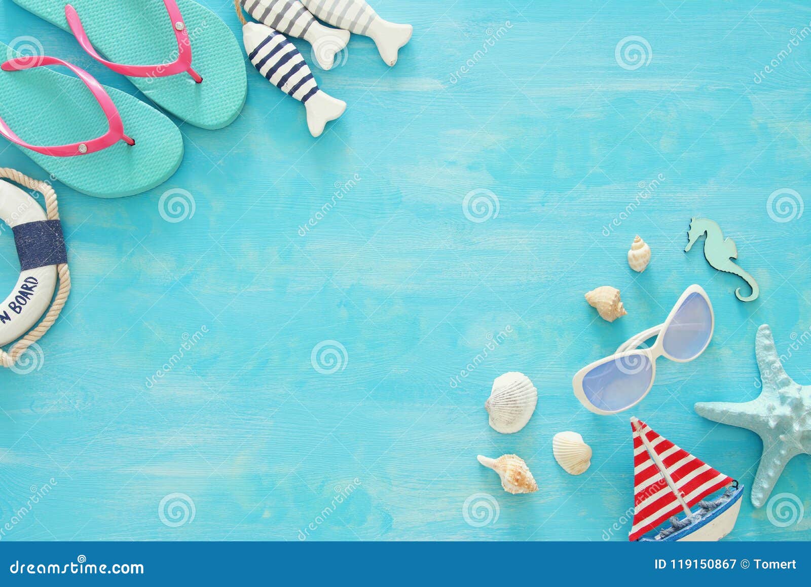 Tropical vacation and summer travel image with sea life style objects. Top view.