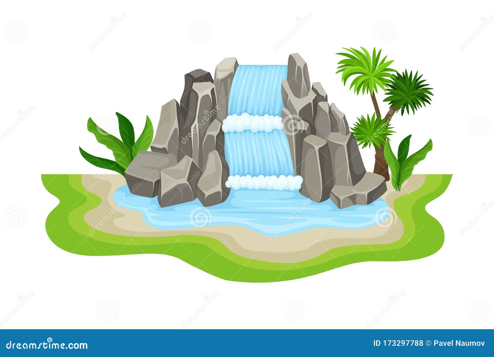 tropical waterfall with cliffy bounds and exotic plants growing around  