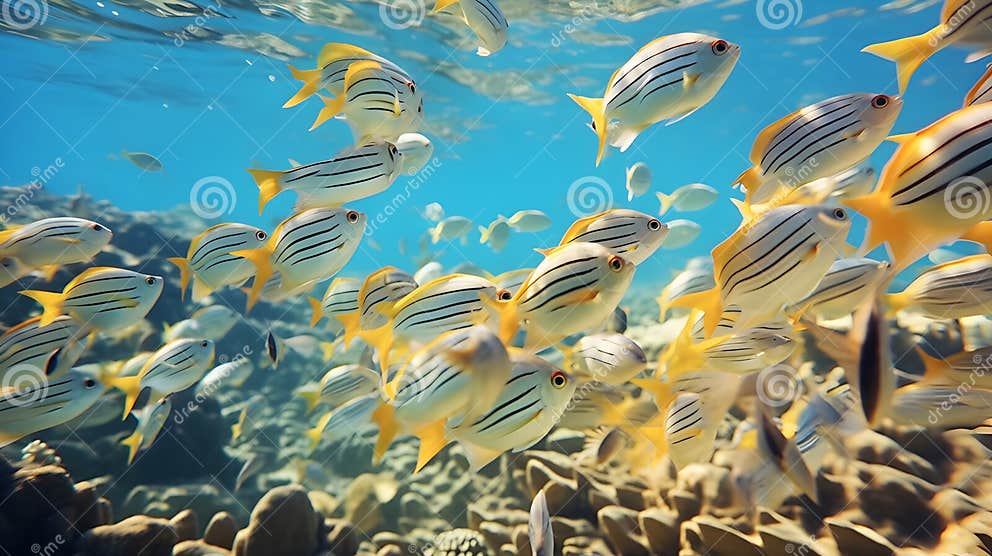 A Tropical White Yellow Striped Fish with a Black Spot Vibrant Colorful