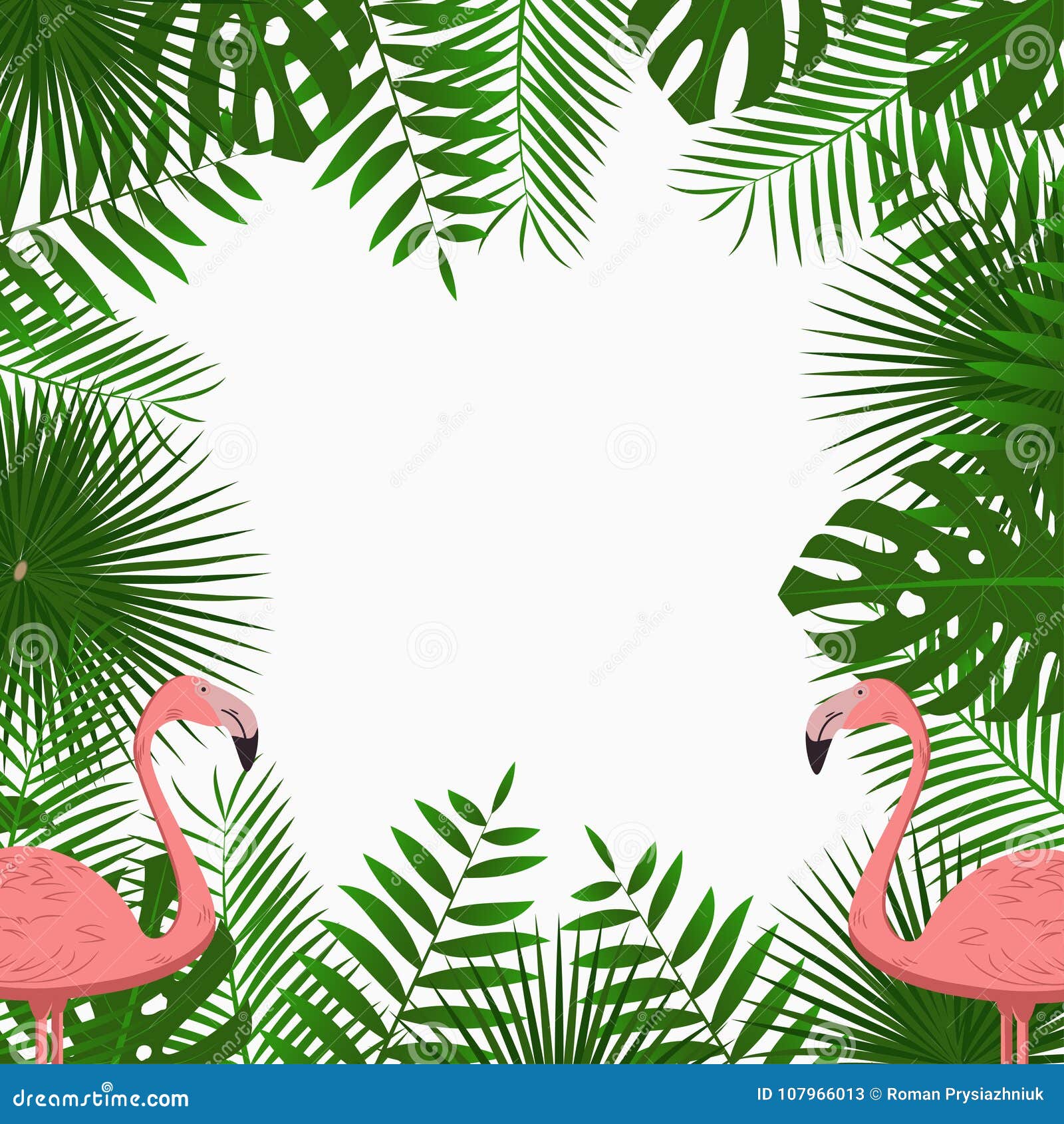 Tropische Karten Plakat Oder Fahnenschablone Mit Dschungelpalme Verlasst Und Rosa Flamingovogel Exotischer Hintergrund Vektor Vektor Abbildung Illustration Von Fur Grun 107966013