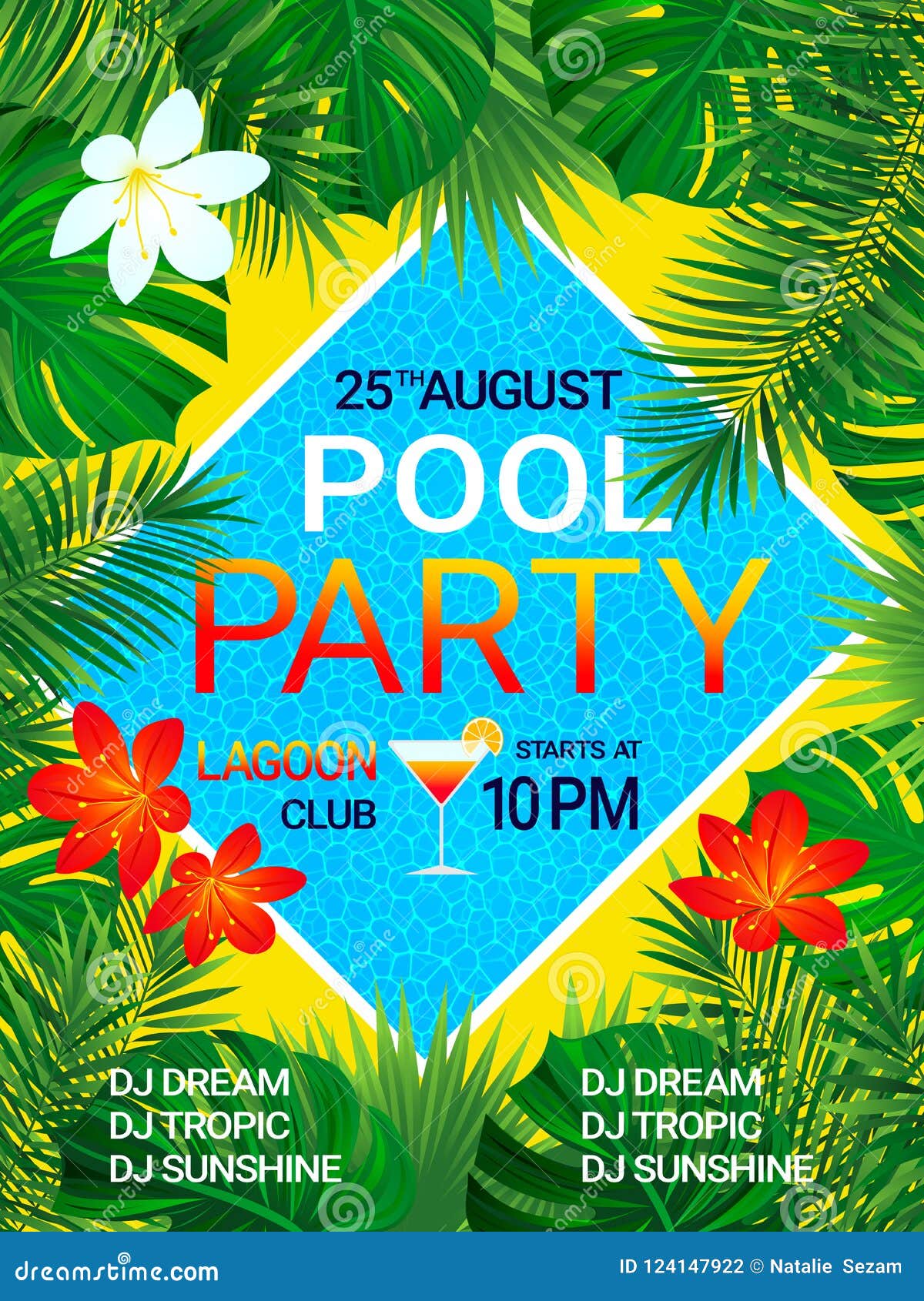 Tropischer Hintergrund Des Pool Party Plakats Mit Text Palmen Mit Dem Meer Und Dem Holzernen Brett Tropische Blumen Exotische Bl Vektor Abbildung Illustration Von Nacht Tanz 124147922