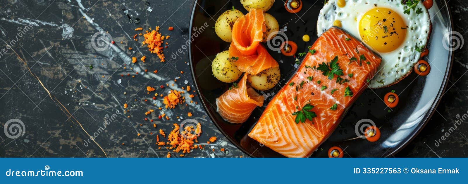 trout fillet and poached egg with warm potatoes, arancino and smoked salmon, sliced red fish