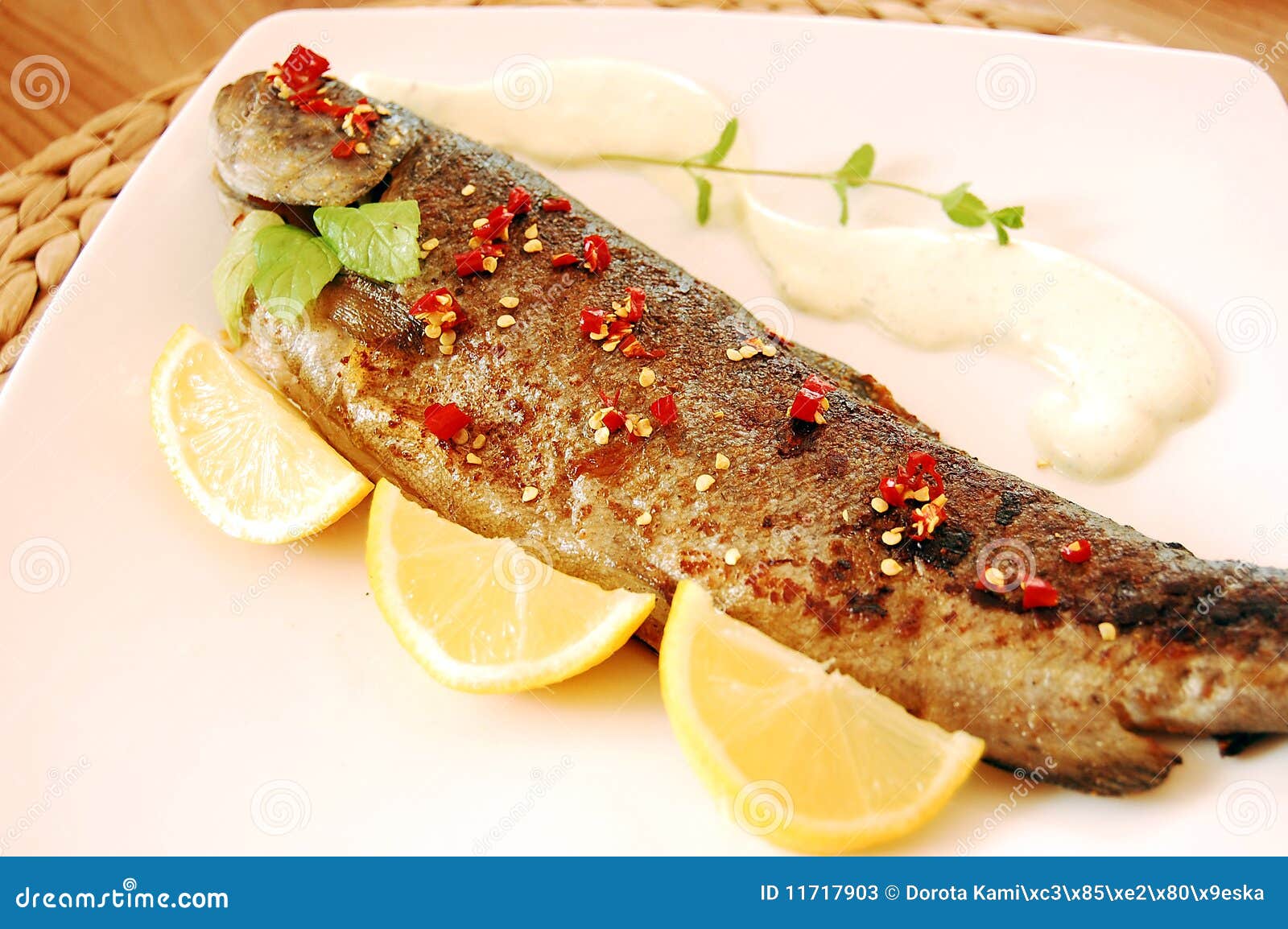 Trout Fish Fried with Chili and Lemon Stock Image Image of slice
